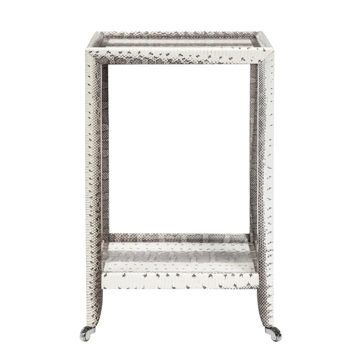 Elegant tall Telephone Table style side table covered in exotic snake skin with moire silk on undersides of table by Evan Lobel for Lobel Originals, 2022. Meticulously crafted, this table is a stunning accent in any room.