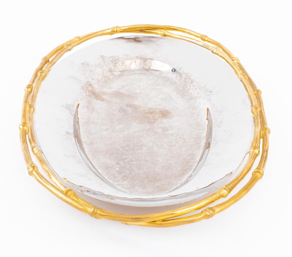 L'Objet 'Evoca' stainless steel oval platter tray with a 24K gilded bamboo border and handle marked on the reverse. 18