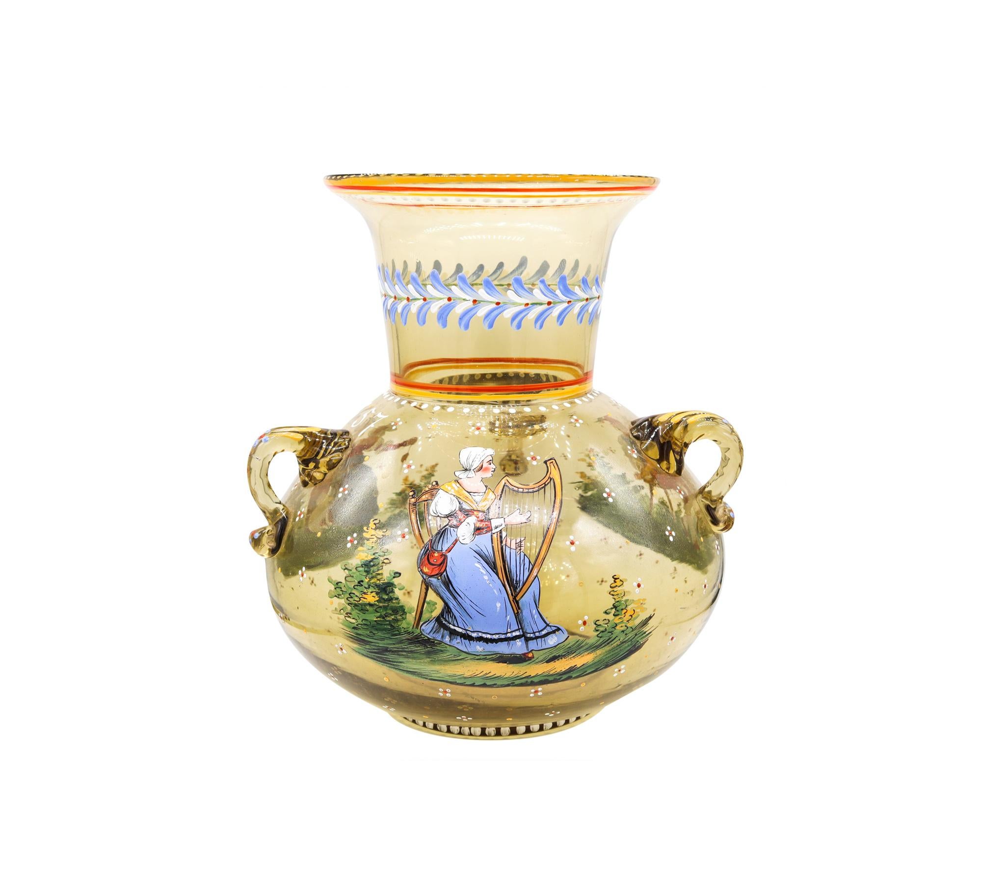 An enameled blown glass vase designed by J. L. Lobmeyr.

Very unique large decorative antique piece, created in Vienna Austria by the Lobmeyr Company during the early Art Nouveau period, circa 1890-1900. This Amphora vase was carefully blown in