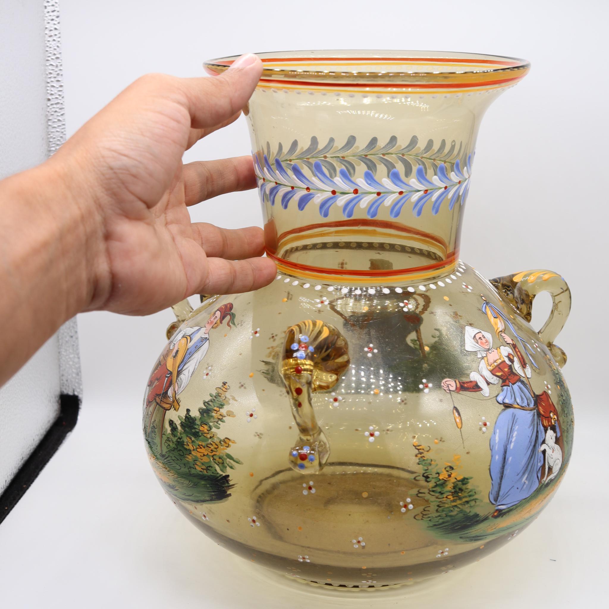 Enameled Lobmeyr 1900 Austrian Art Nouveau Large Blown Glass Amphora Vase with Enamel