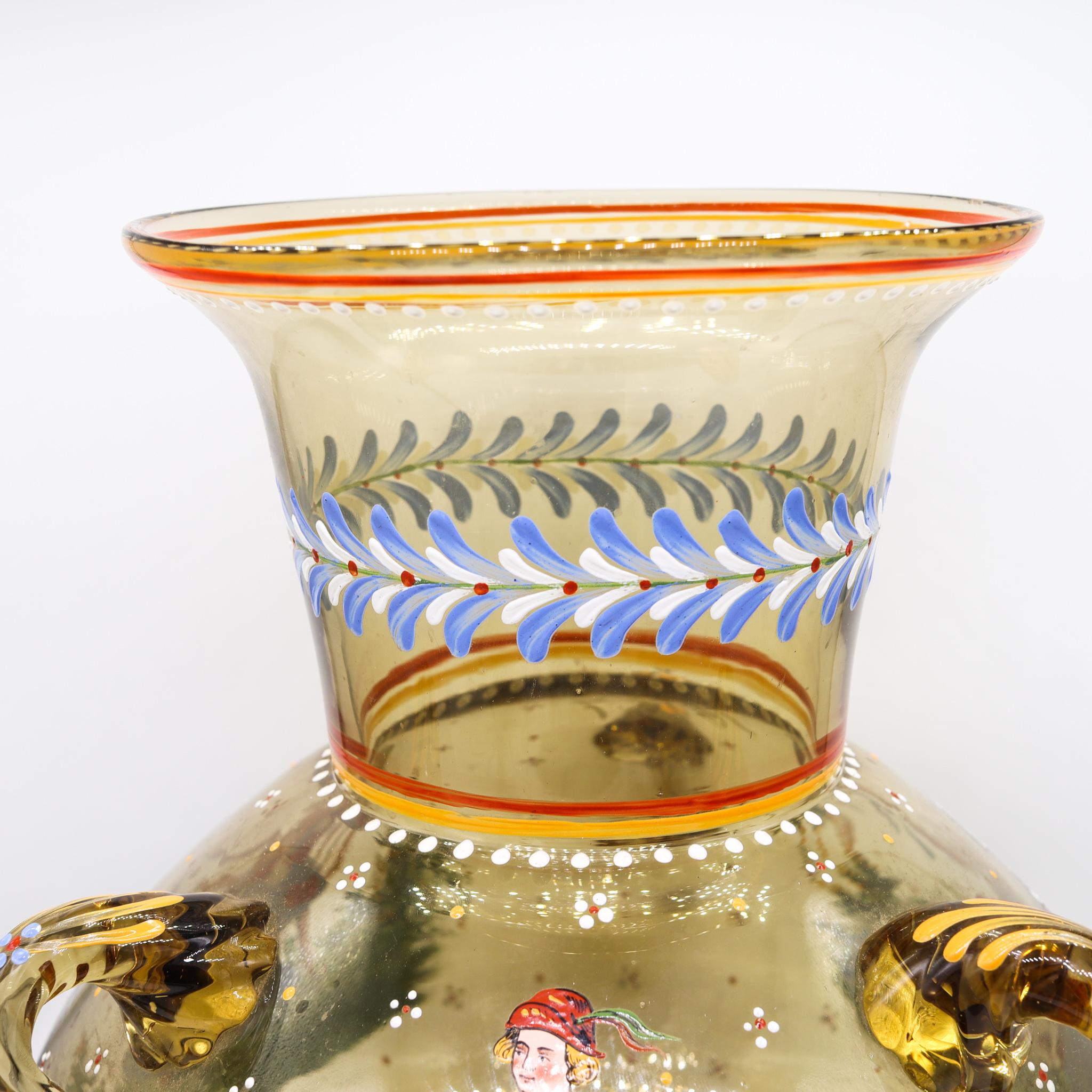 Early 20th Century Lobmeyr 1900 Austrian Art Nouveau Large Blown Glass Amphora Vase with Enamel