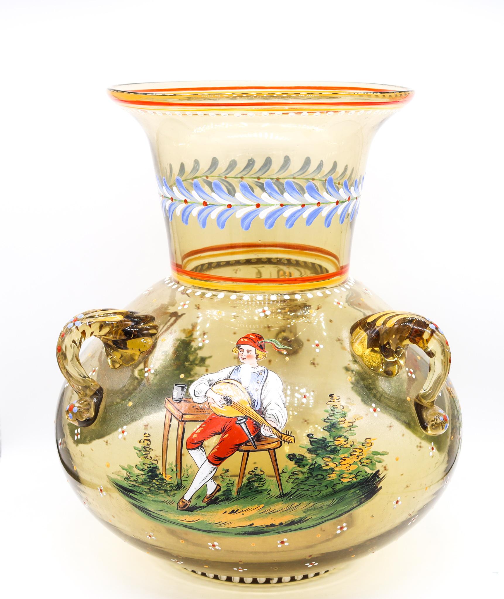 Lobmeyr 1900 Austrian Art Nouveau Large Blown Glass Amphora Vase with Enamel 1