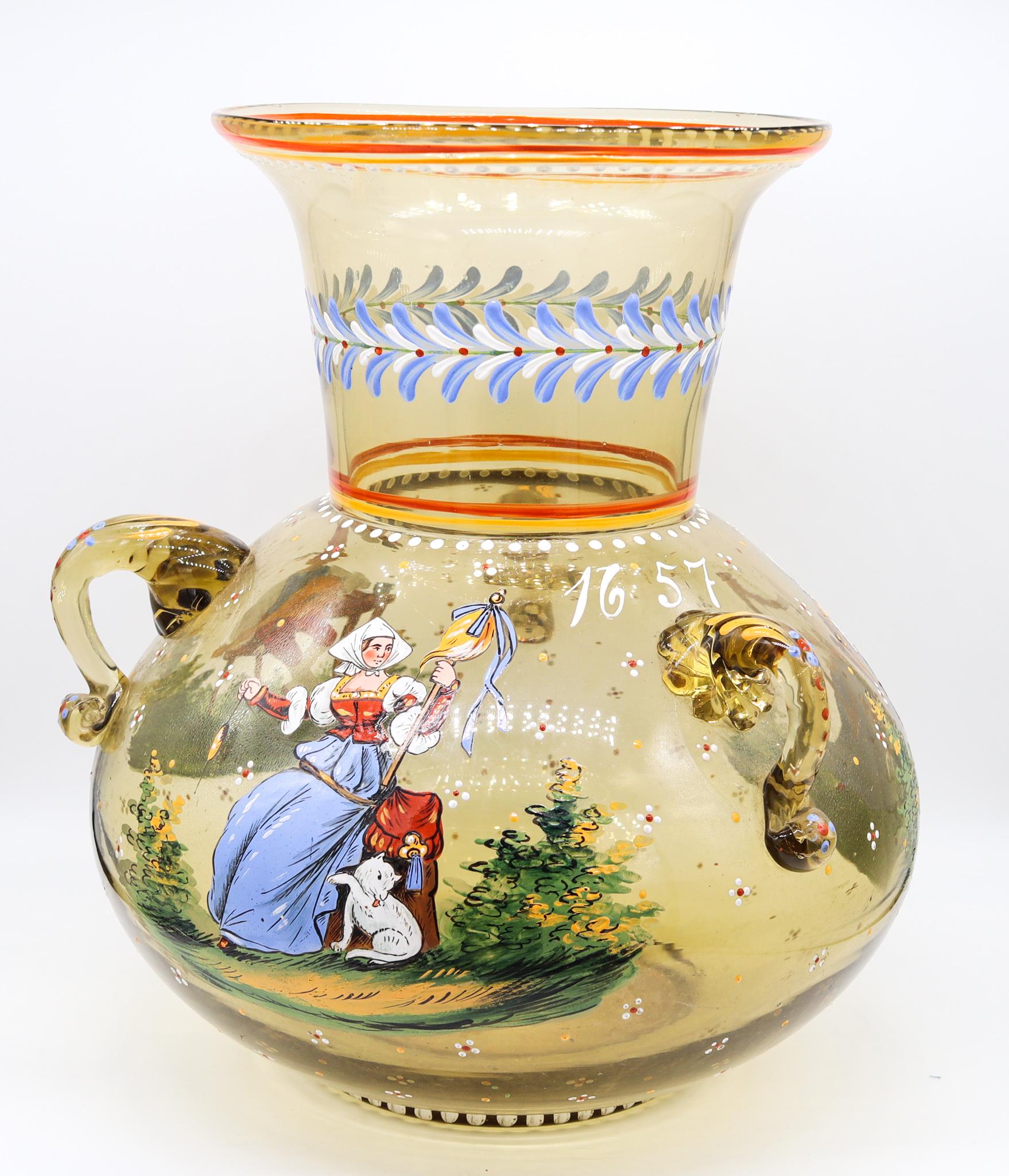 Lobmeyr 1900 Austrian Art Nouveau Large Blown Glass Amphora Vase with Enamel 2