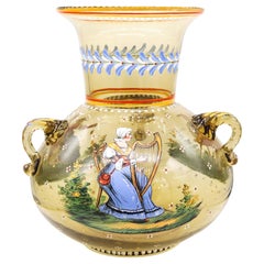 Lobmeyr 1900 Austrian Art Nouveau Large Blown Glass Amphora Vase with Enamel
