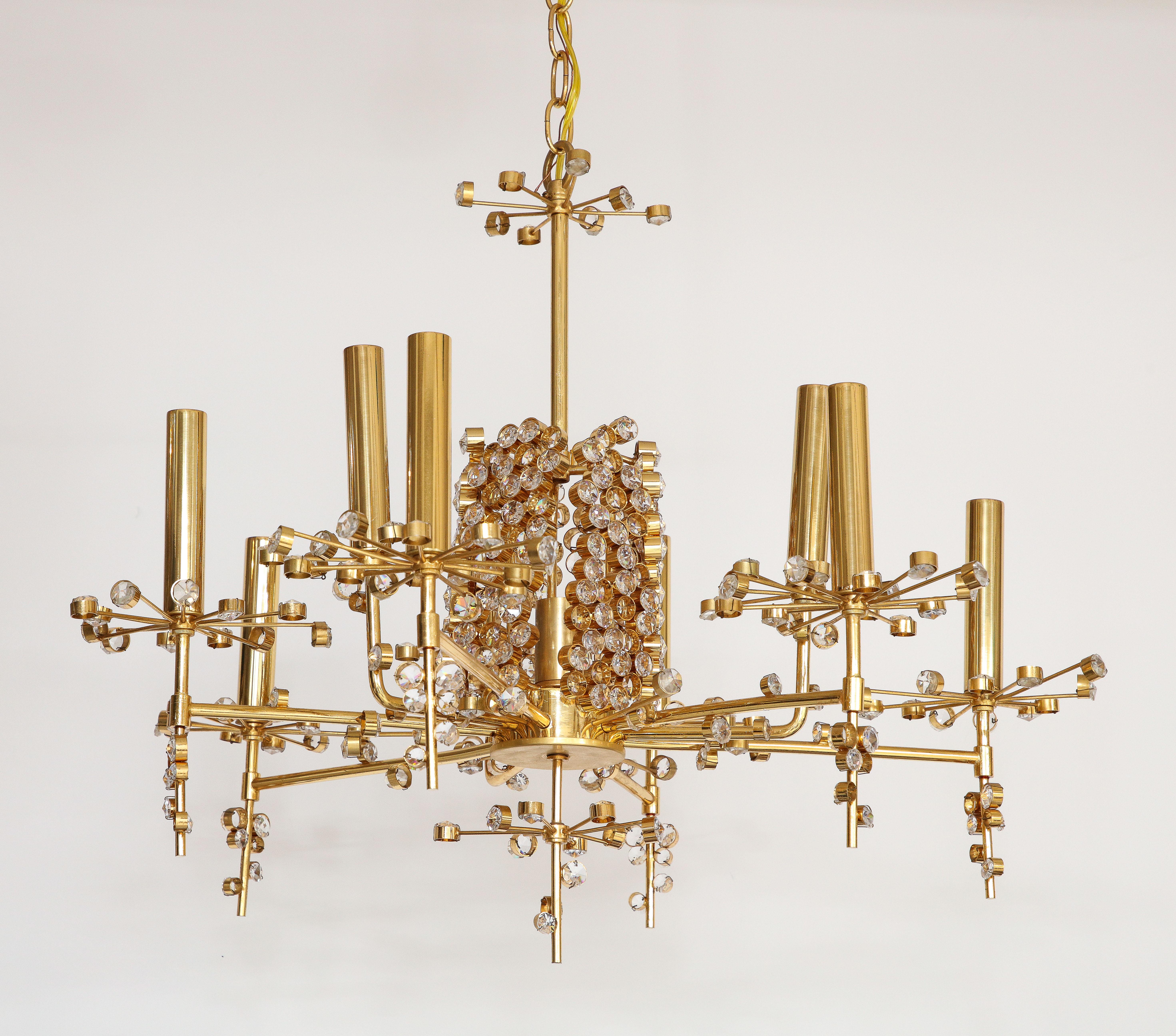 Mid-Century Modern Lobmeyr Circular  Brass and Crystal Nine Light Chandelier by Hans Harald Rath