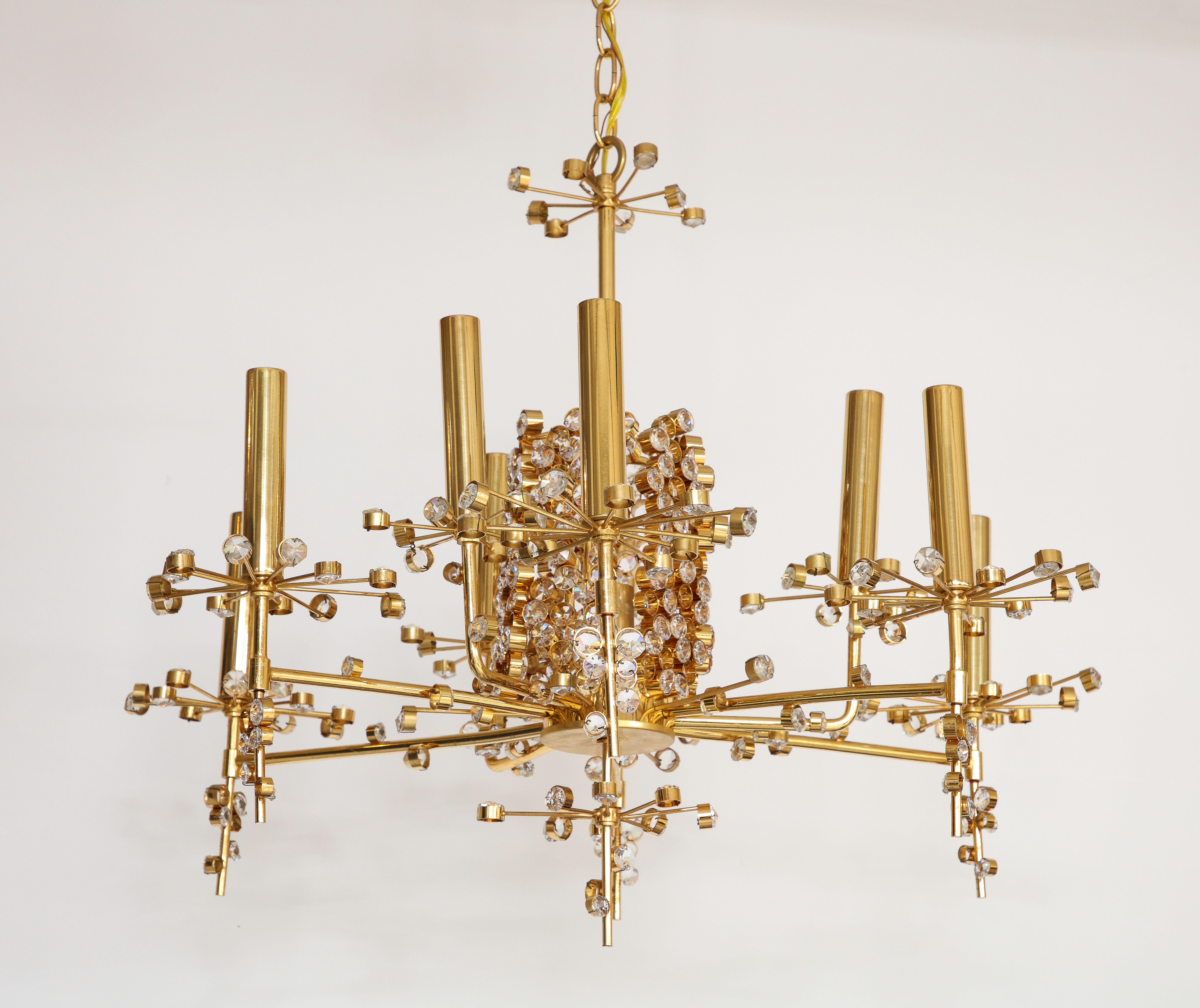 Austrian Lobmeyr Circular  Brass and Crystal Nine Light Chandelier by Hans Harald Rath