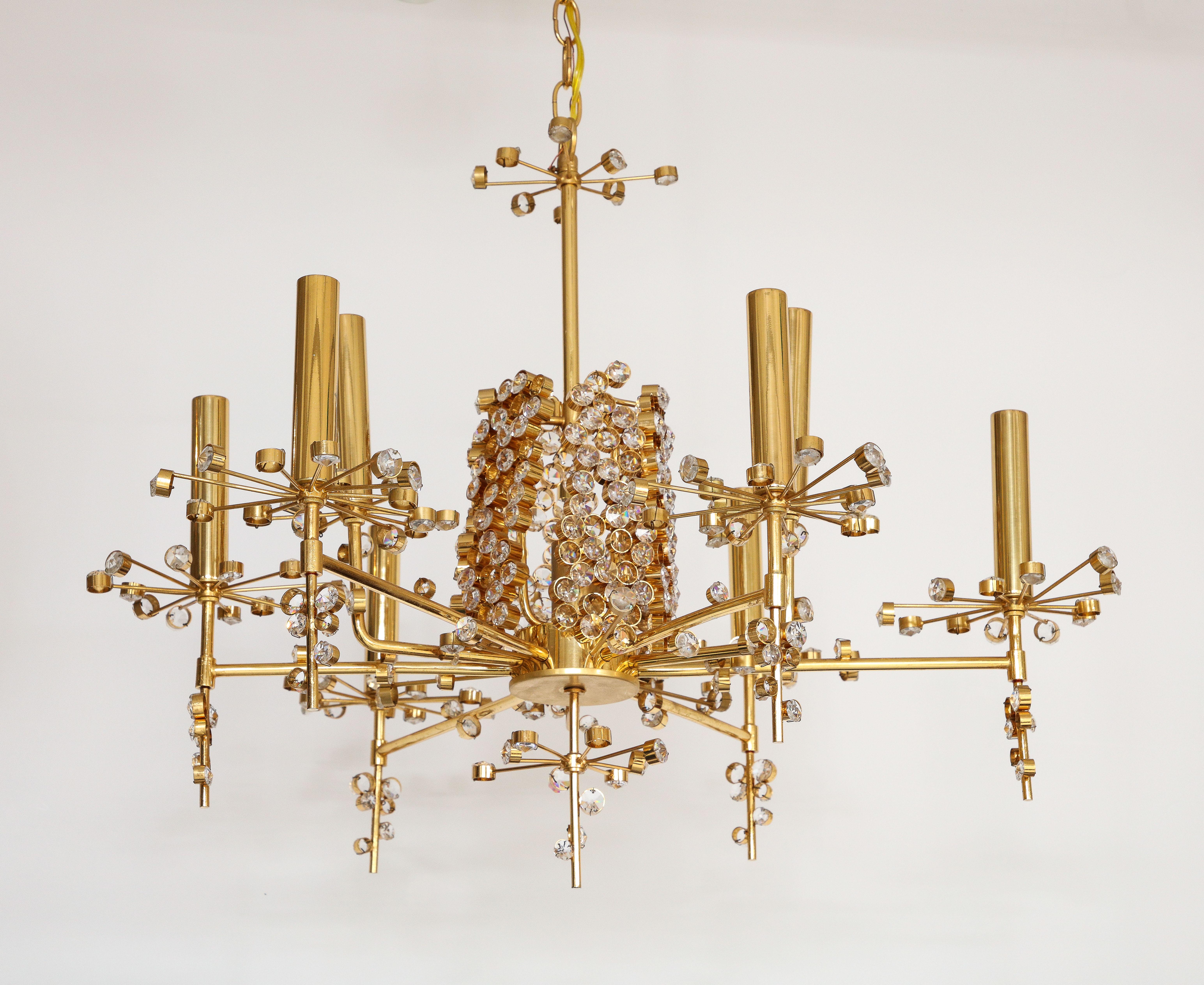 Lobmeyr Circular  Brass and Crystal Nine Light Chandelier by Hans Harald Rath In Good Condition In New York, NY