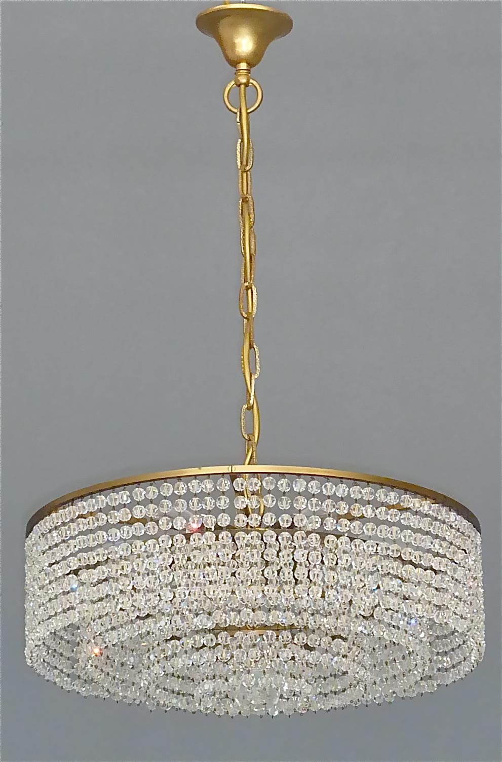 Austrian Lobmeyr Crystal Glass String Chandelier Patinated Brass Austria 1950s, No.1 of 2 For Sale
