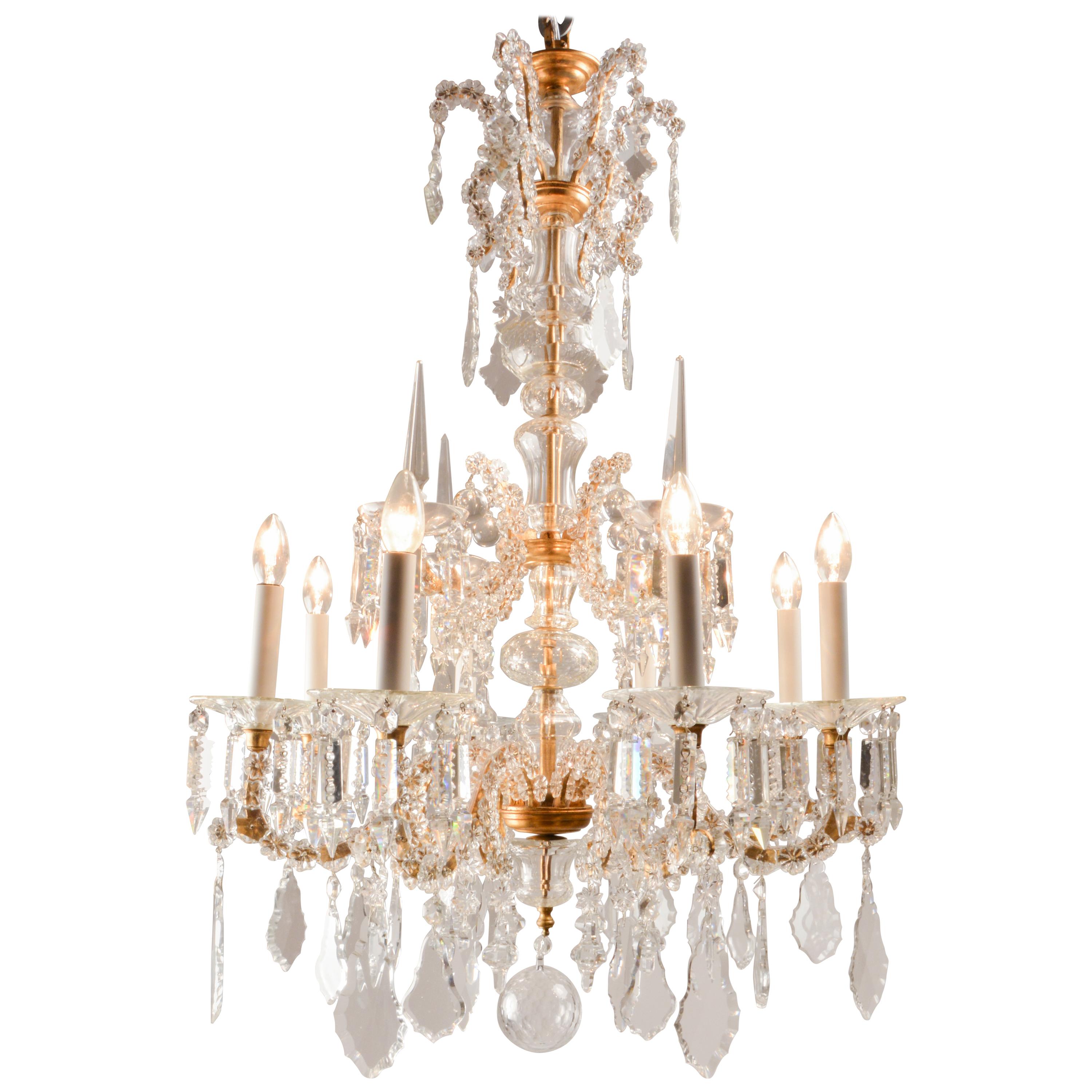 Lobmeyr Historism Six-Arm Crystal Wrought Iron Chandelier with Feaf-Gilded Frame For Sale