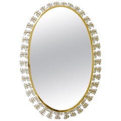 Vintage Lobmeyr Oval Gilt Brass and Crystals Backlit Modernist Wall Mirror, Austria