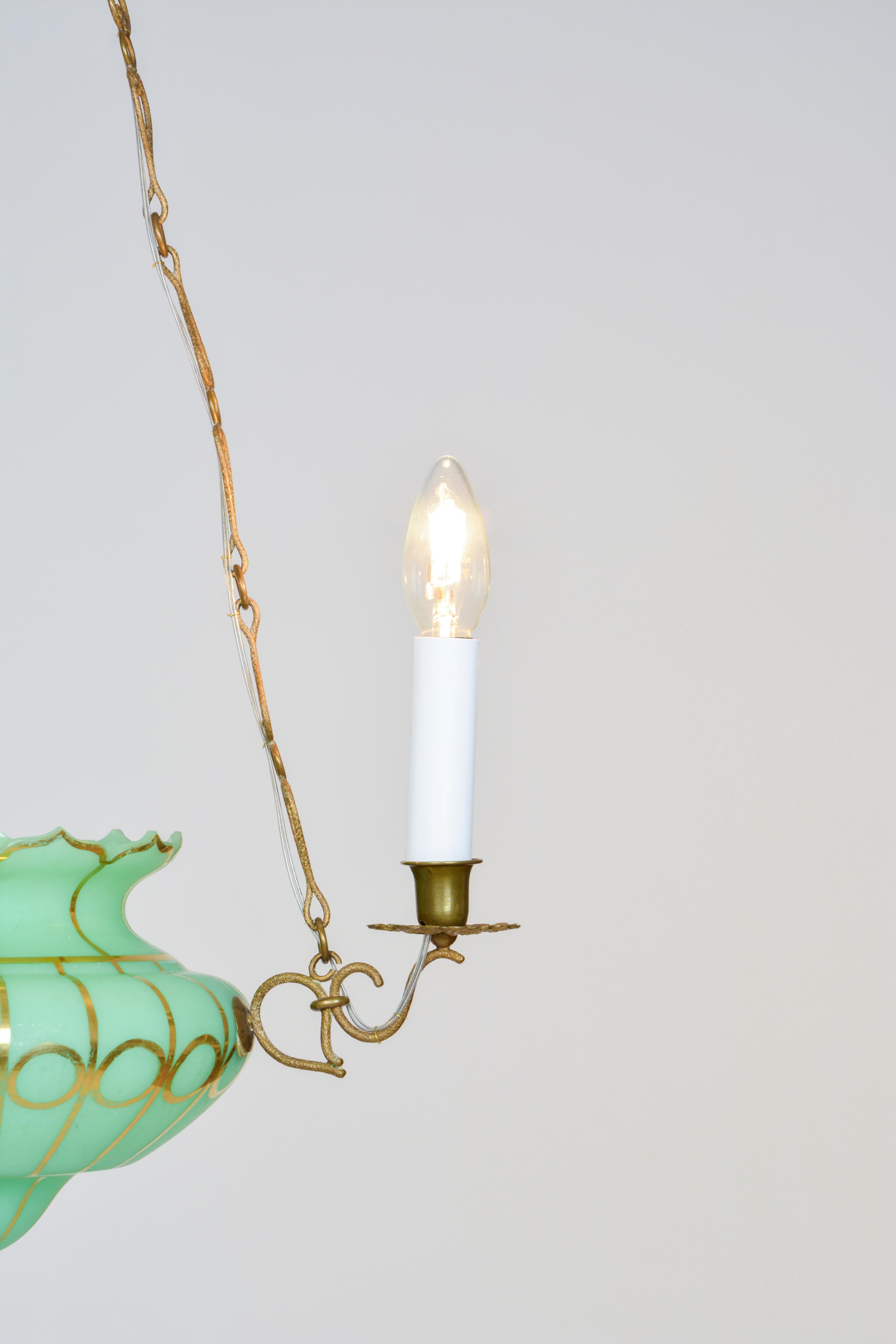 Austrian Lobmeyr-Restored 3-Arm Biedermeier Green-Gold Glass Pendant Lamp on Fancy Chains For Sale