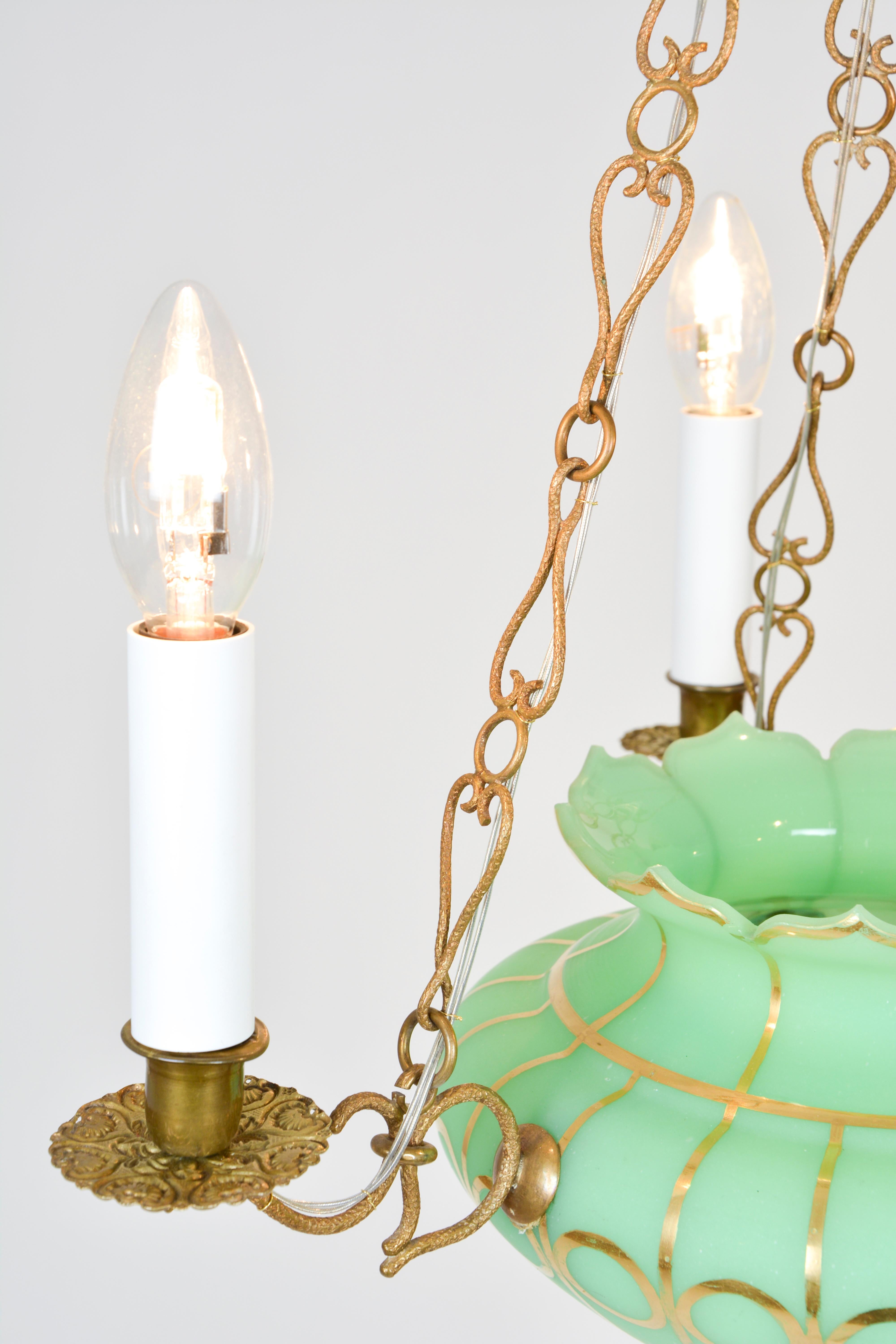 Embossed Lobmeyr-Restored 3-Arm Biedermeier Green-Gold Glass Pendant Lamp on Fancy Chains For Sale