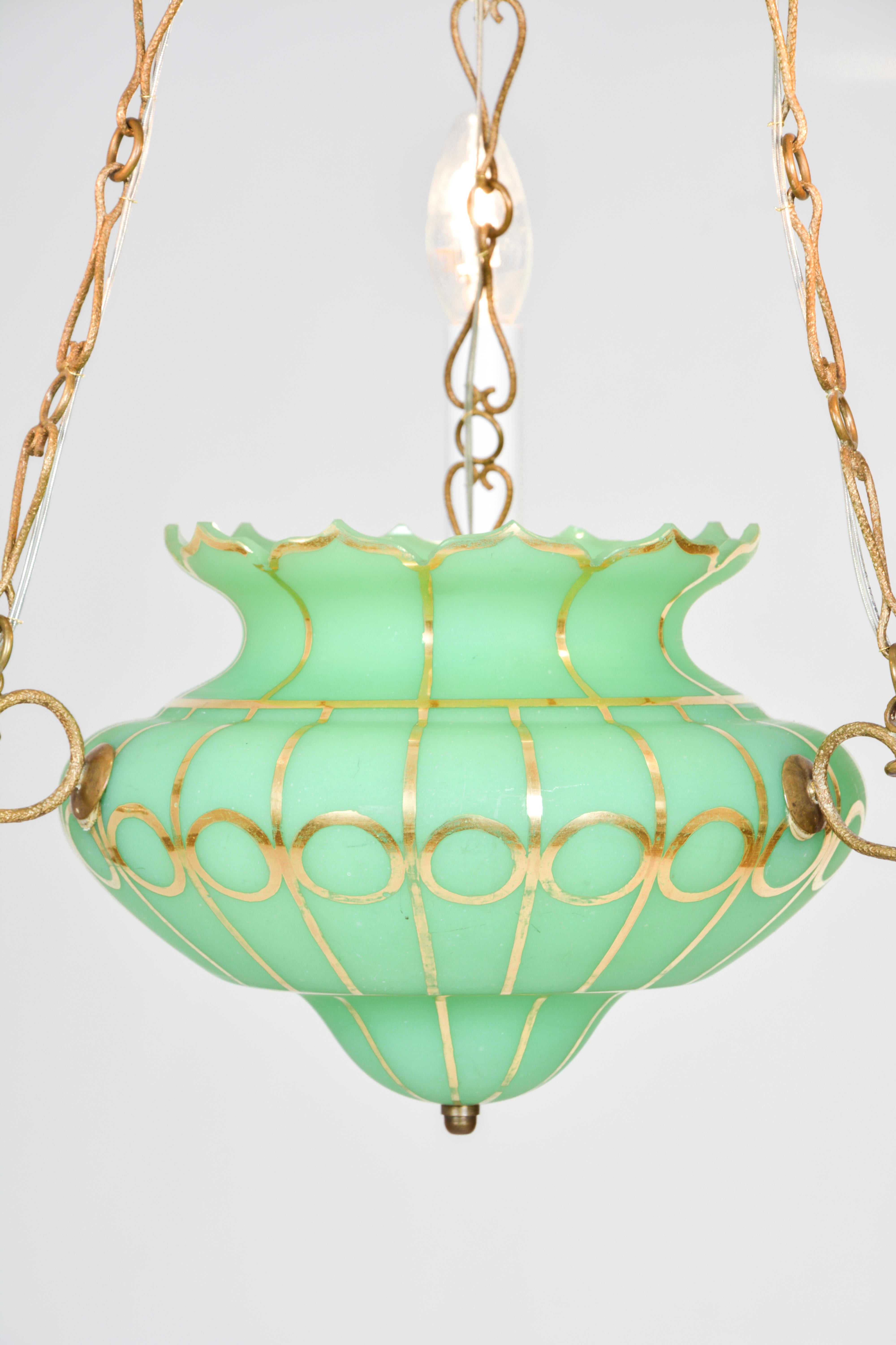 Lobmeyr-Restored 3-Arm Biedermeier Green-Gold Glass Pendant Lamp on Fancy Chains In Excellent Condition For Sale In Vienna, AT