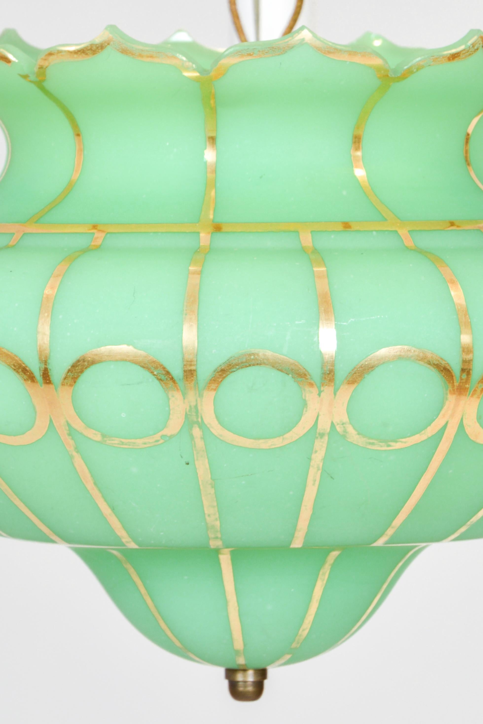 19th Century Lobmeyr-Restored 3-Arm Biedermeier Green-Gold Glass Pendant Lamp on Fancy Chains For Sale
