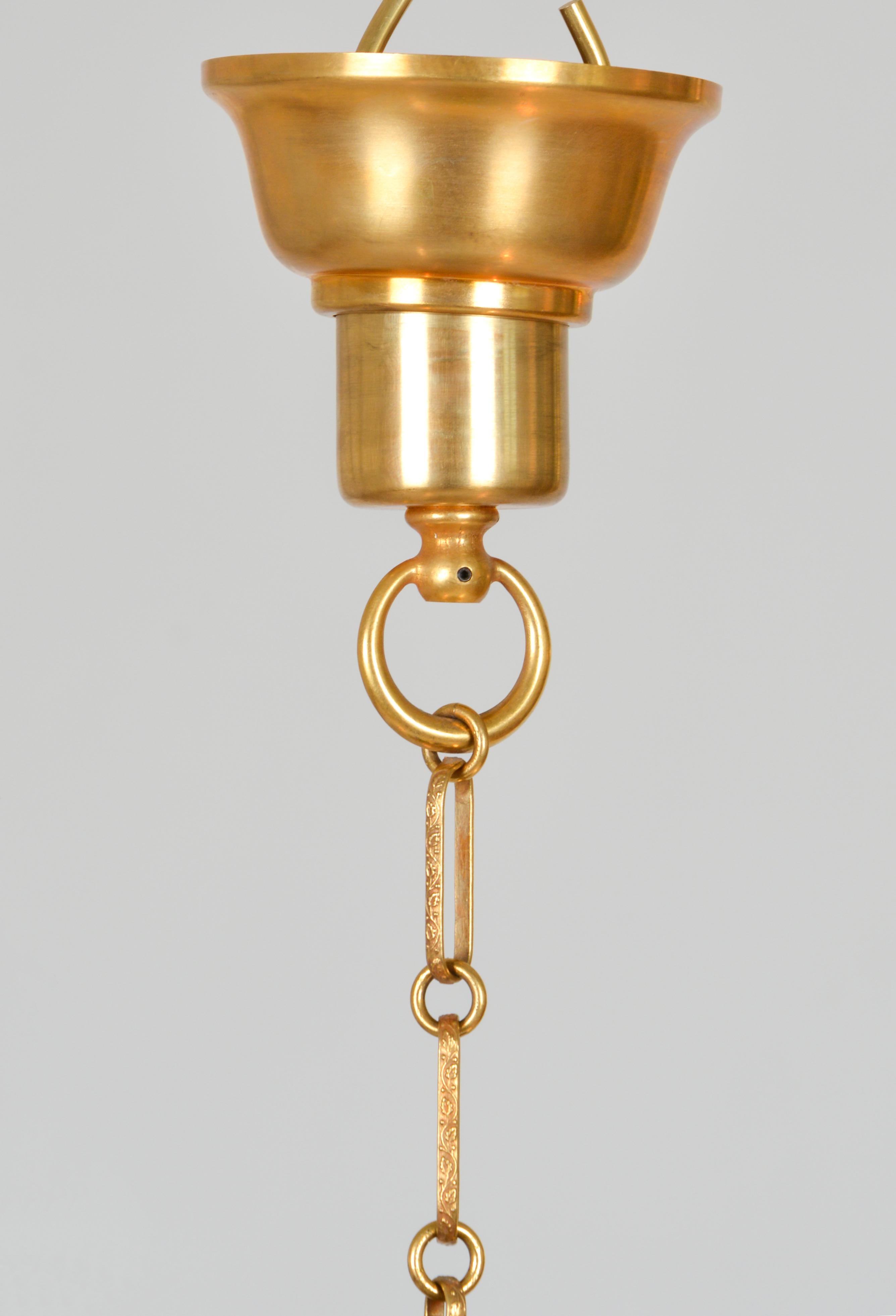 Milk Glass Lobmeyr-Restored 3-Arm Biedermeier Green-Gold Glass Pendant Lamp on Fancy Chains For Sale