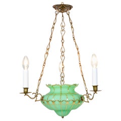 Antique Lobmeyr-Restored 3-Arm Biedermeier Green-Gold Glass Pendant Lamp on Fancy Chains