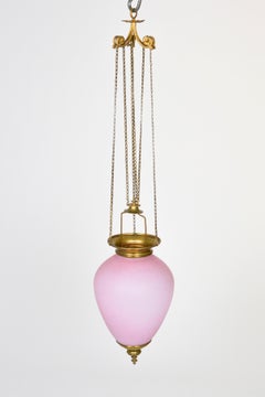 Lobmeyr-Restored Biedermeier Pale Pink Glass Pendant Lamp on Chain Pull Pulley