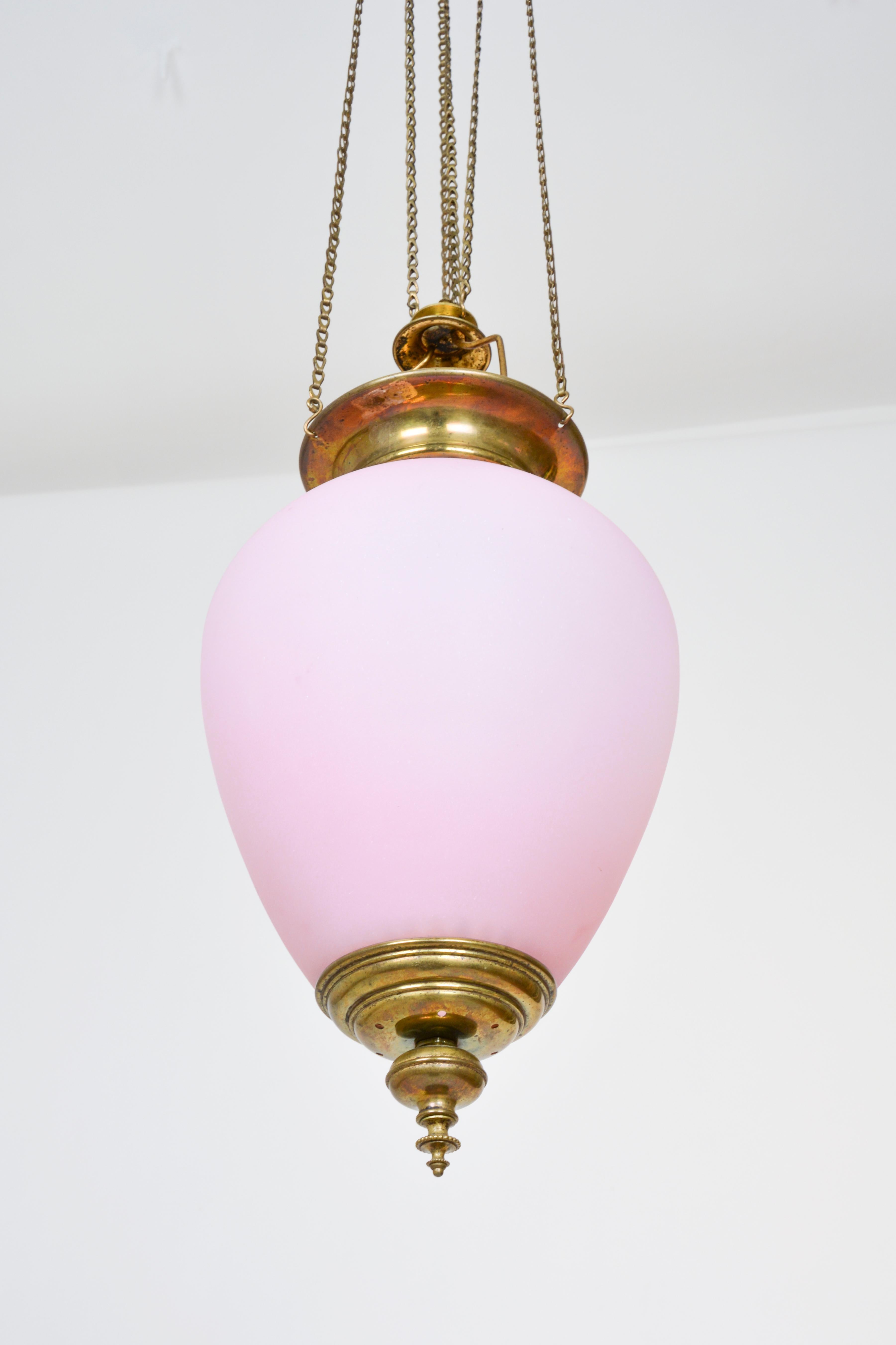 Austrian Lobmeyr-Restored Biedermeier Pale Pink Glass Pendant Lamp on Chain Pull Pulley For Sale