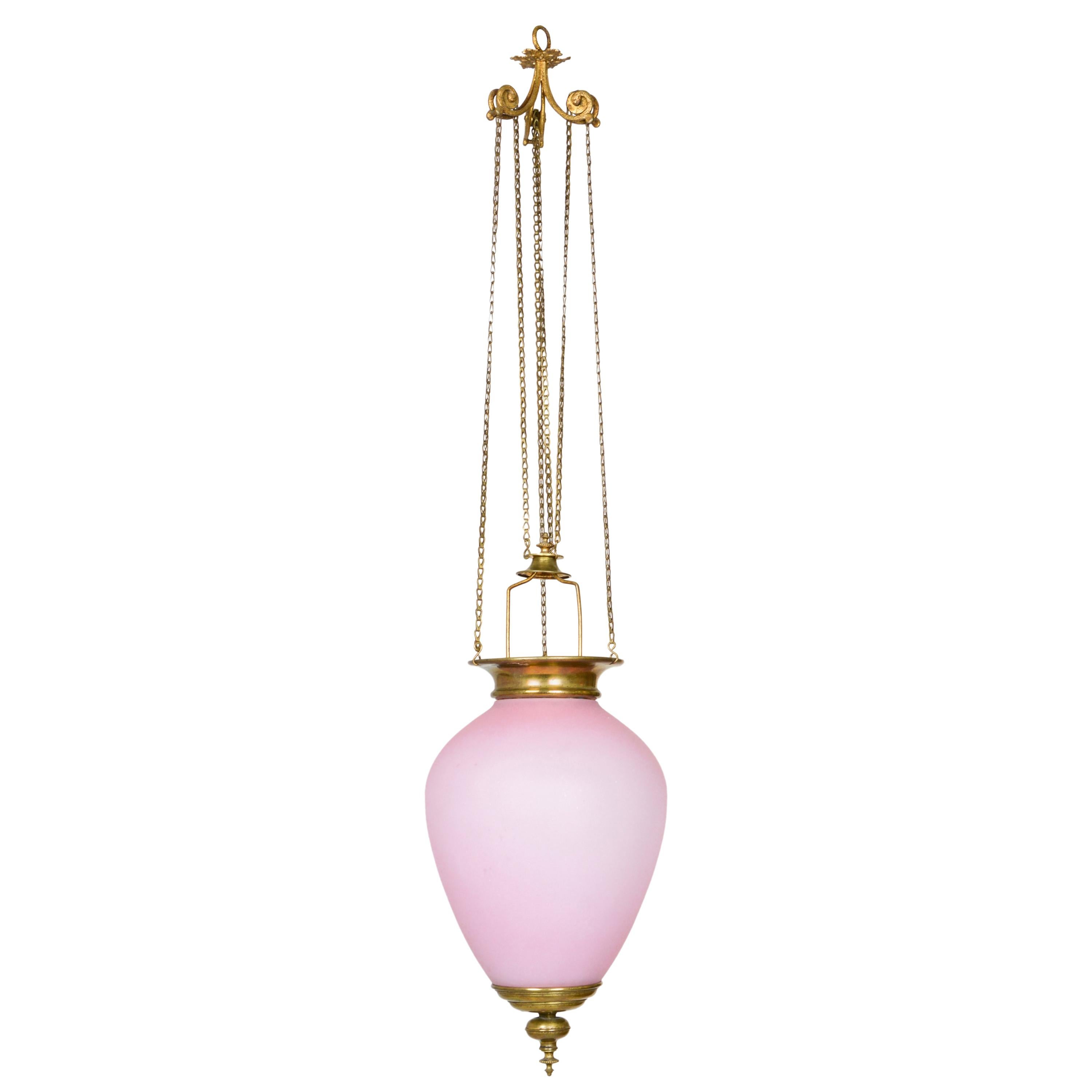 Lobmeyr-Restored Biedermeier Pale Pink Glass Pendant Lamp on Chain Pull Pulley For Sale