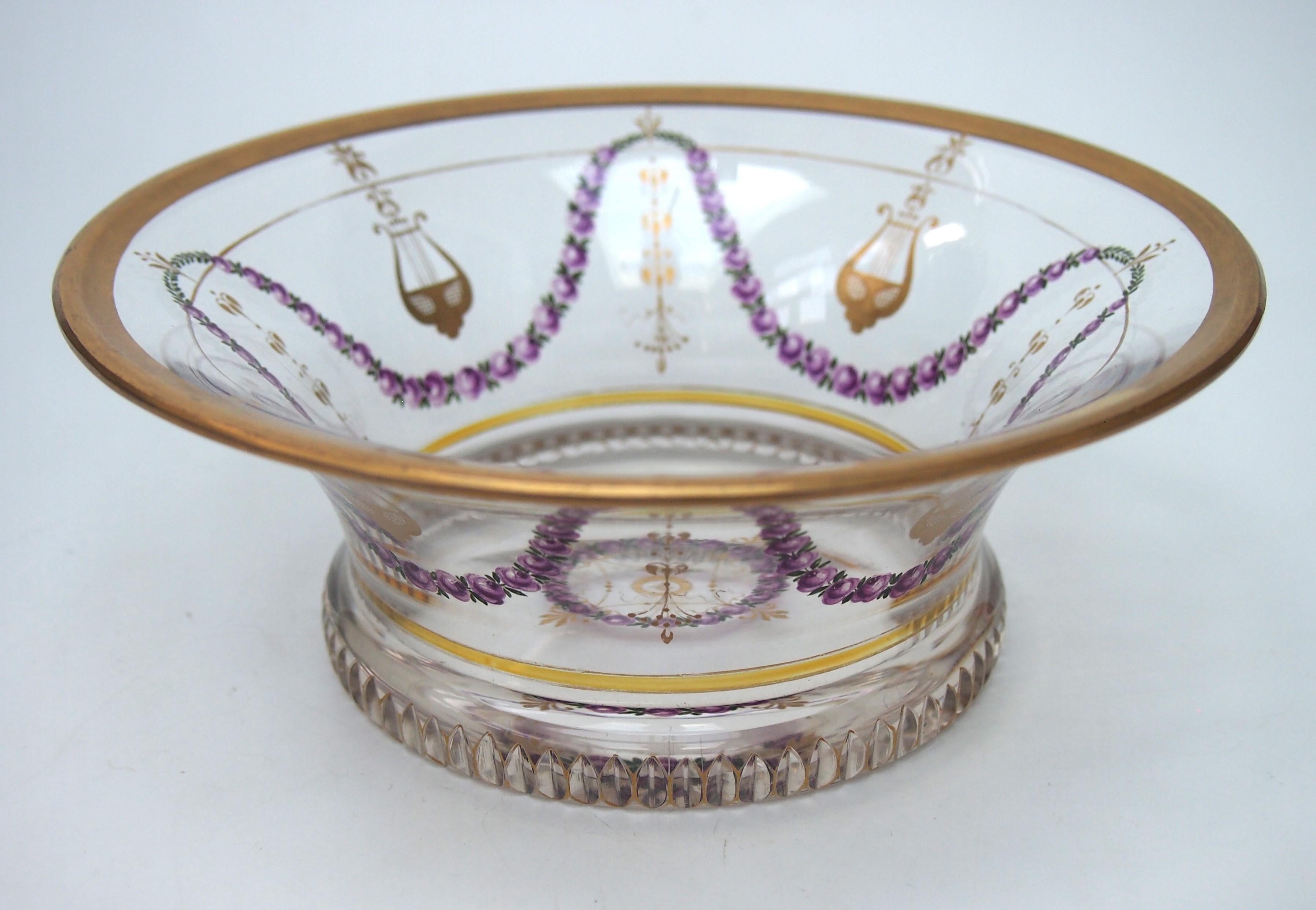 Fabulous and rare Empire Revival glass bowl by J & L Lobmeyr c1875. Enamelled and gilded with fronds of flowers and classical imagery with an unusual cog wheel base - nicely signed to the centre in gold with the Lobmeyr logo (see images) -probably