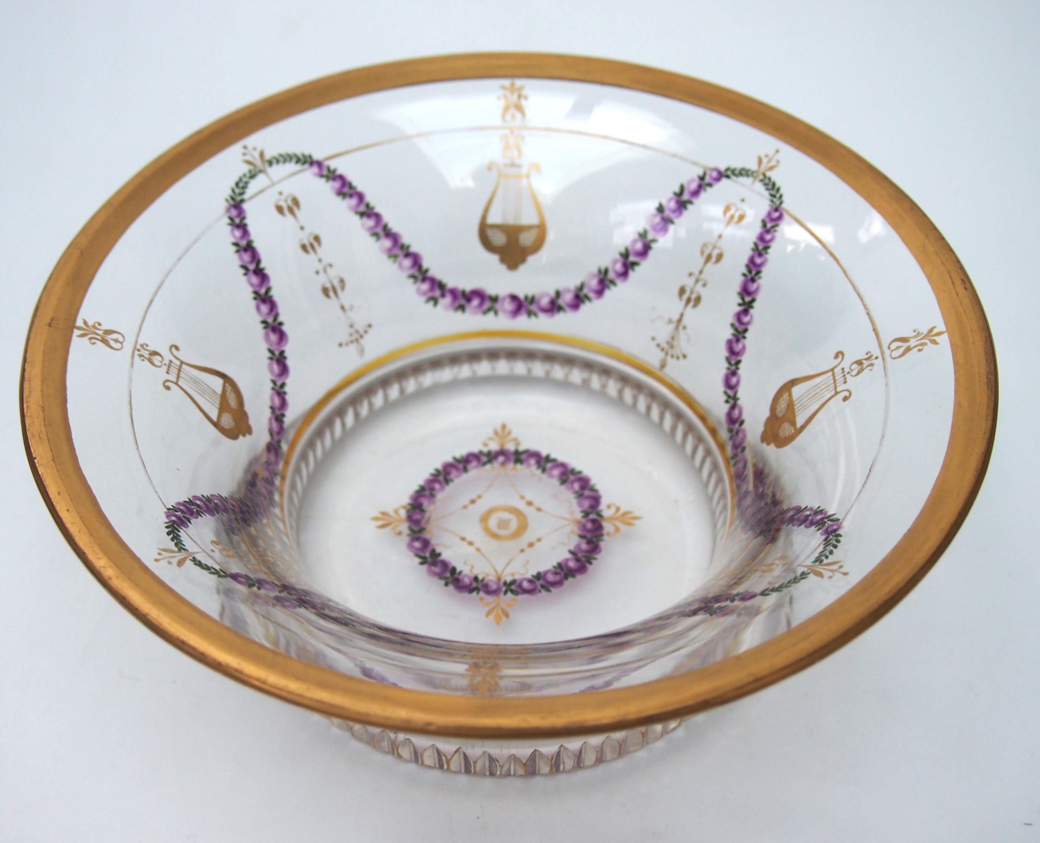 Austrian Lobmeyr Signed Empire Revival Movement Enamel and Gilded Glass Bowl 