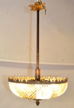 Colgante de cristal y bronce estilo Lobmeyr de 5 luces Moderno de mediados de siglo Austria 1950