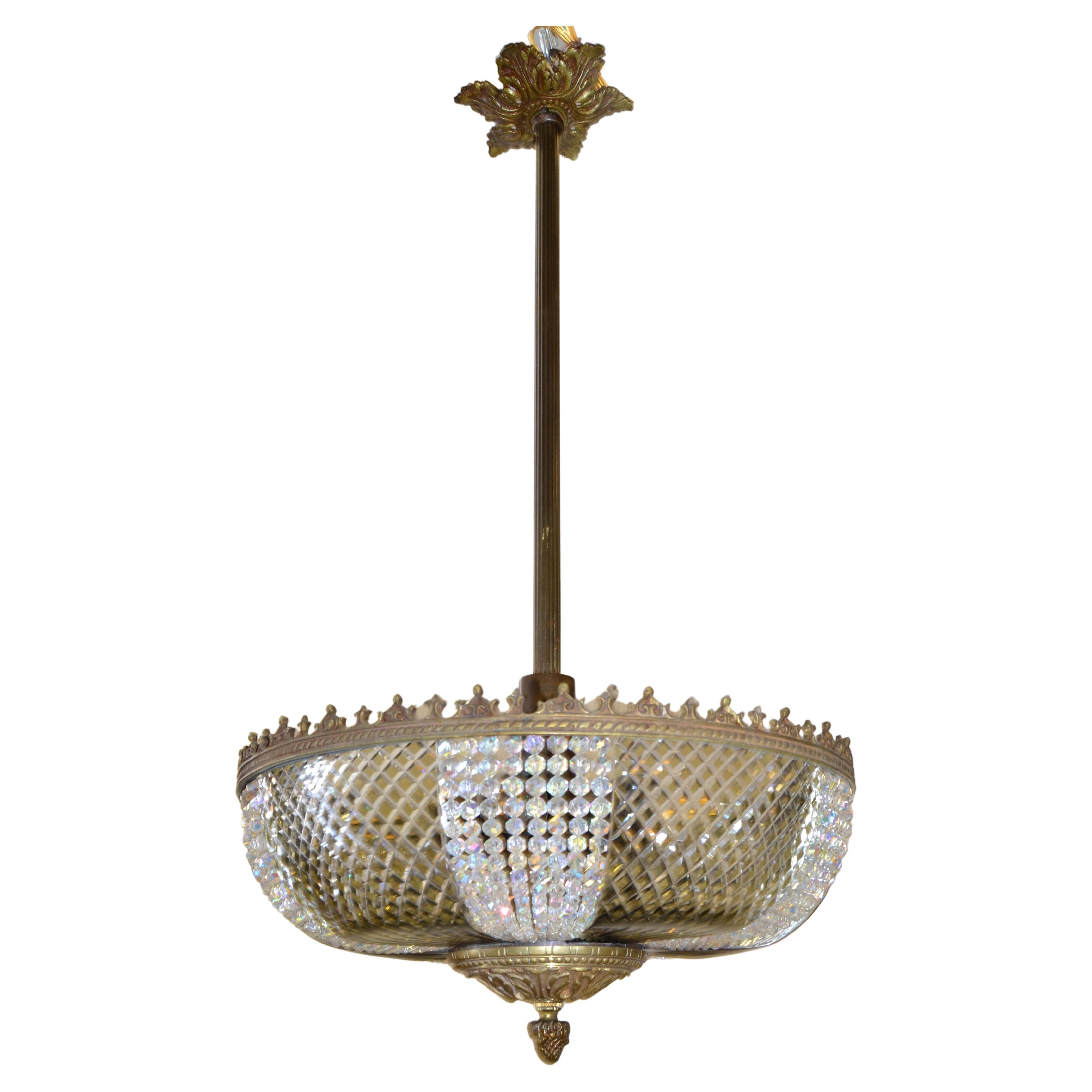 Lobmeyr Style Crystal and Bronze Pendant 5-Light Mid-Century Modern Austria 1950 For Sale