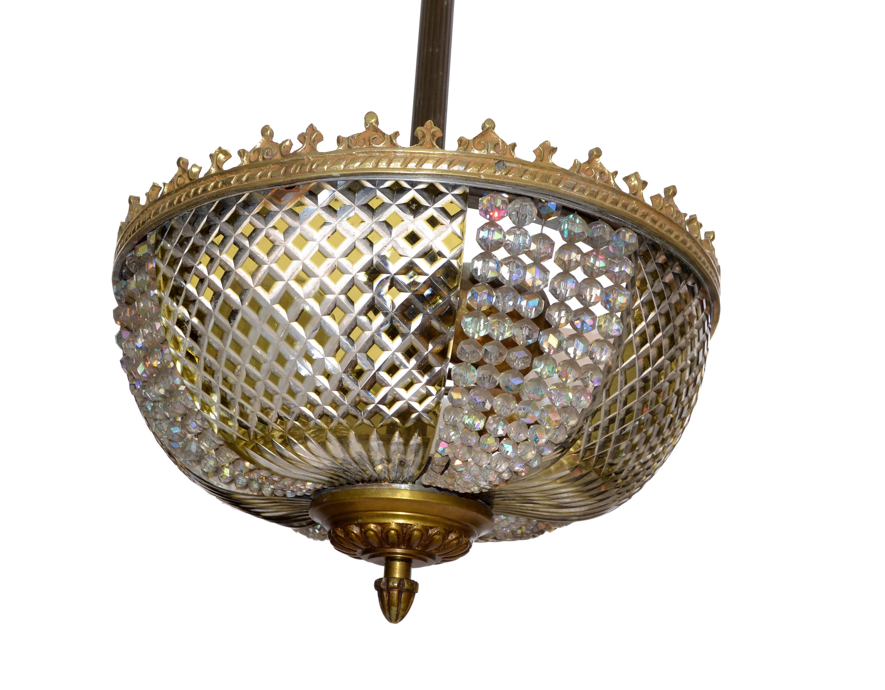 Lobmeyr Style Crystal and Bronze Pendant Light Mid-Century Modern, Austria 1950s For Sale 8