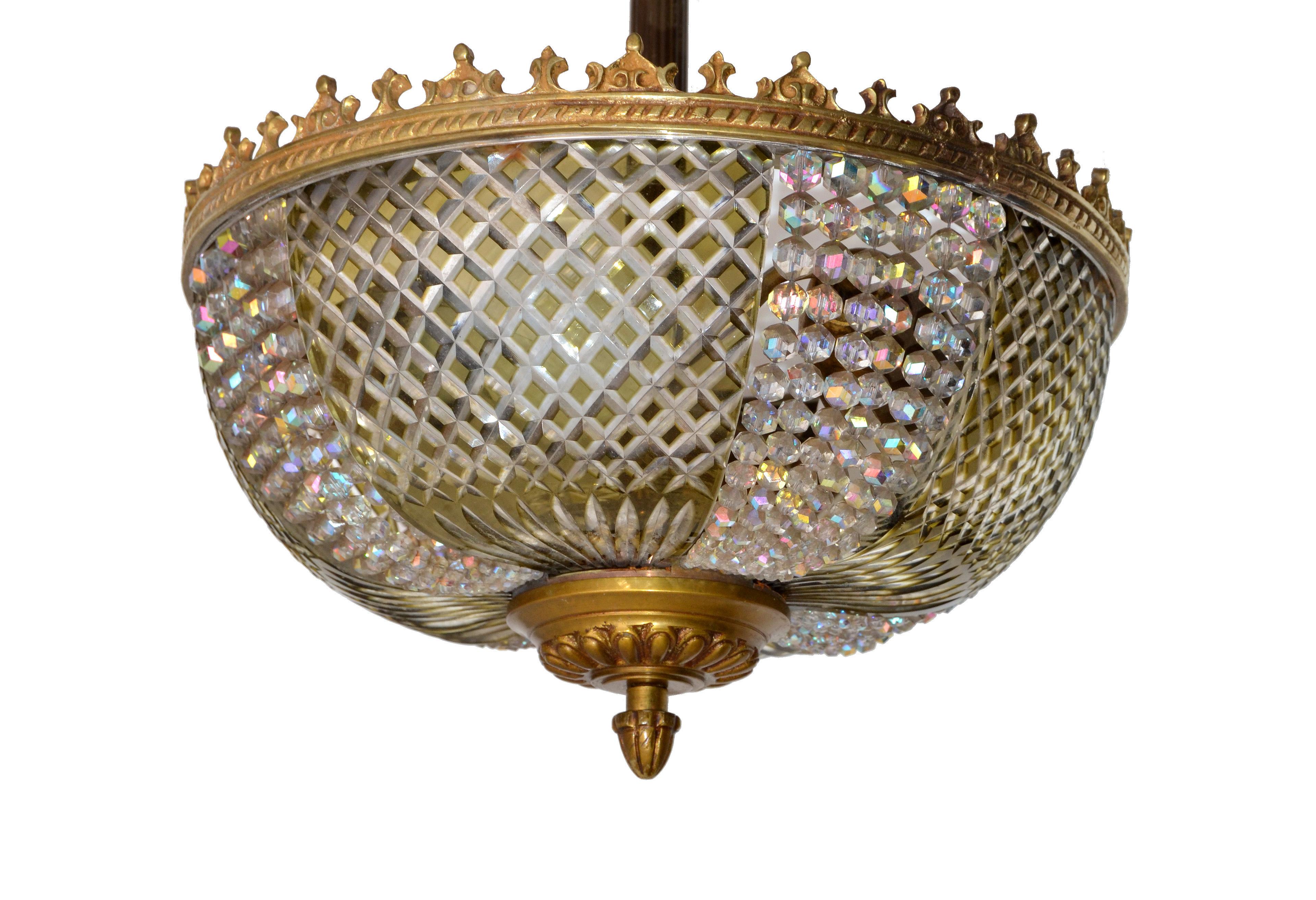 Hand-Crafted Lobmeyr Style Crystal and Bronze Pendant Light Mid-Century Modern, Austria 1950s For Sale