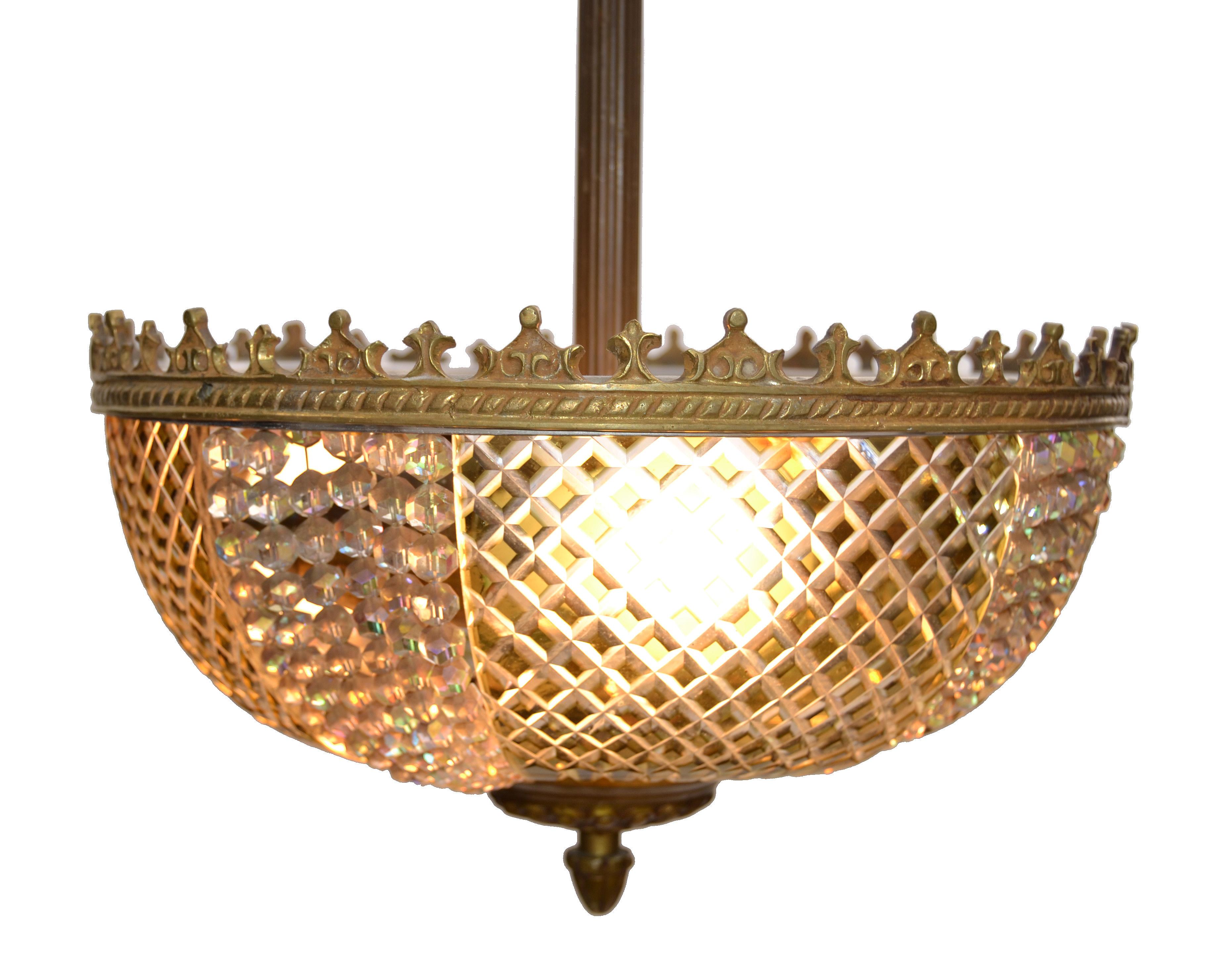 Mid-20th Century Lobmeyr Style Crystal and Bronze Pendant Light Mid-Century Modern, Austria 1950s For Sale