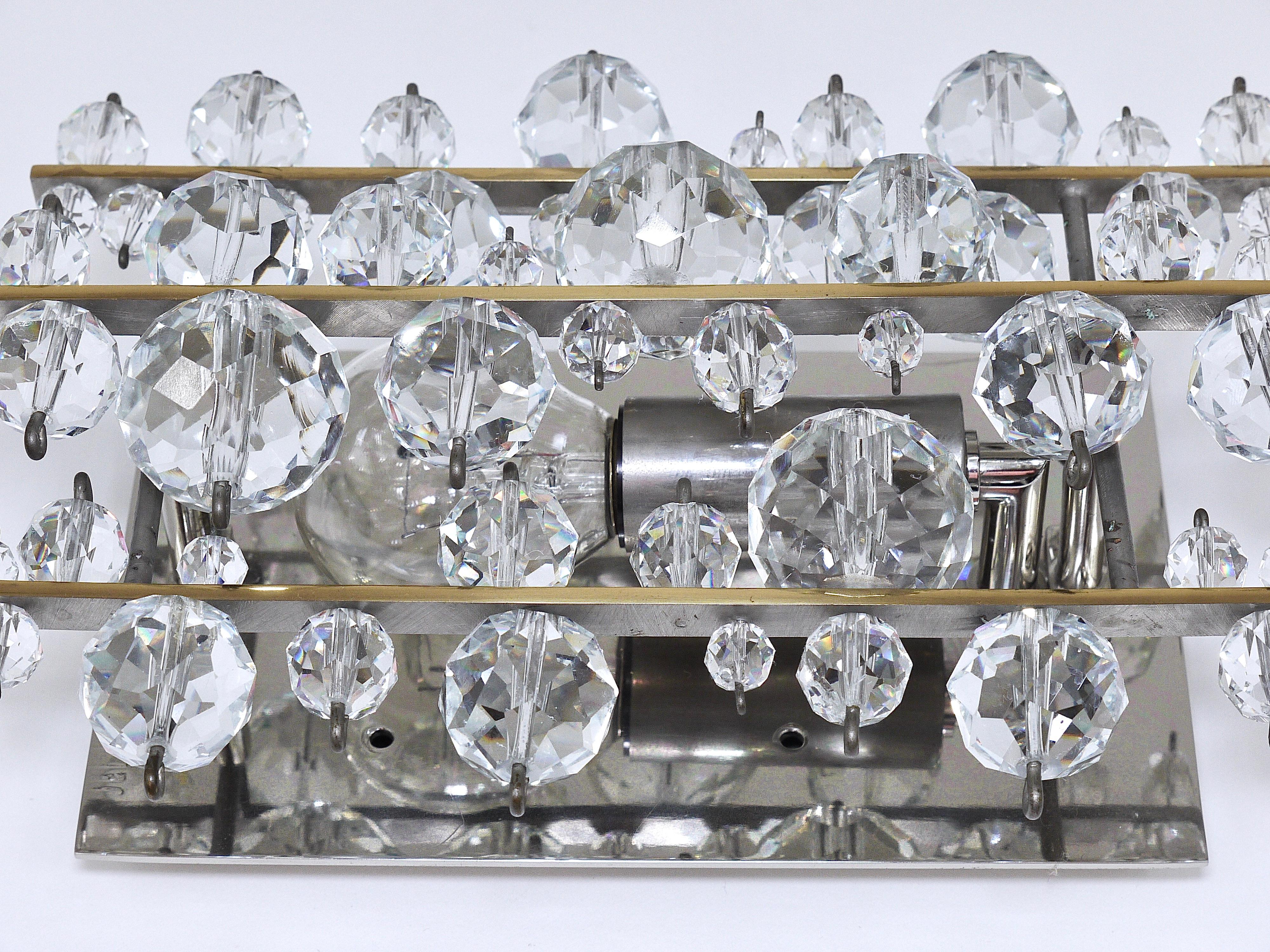 Austrian Lobmeyr Vienna Midcentury Finger Sconces Wall Lights Brass Nickel Crystal, 1960s