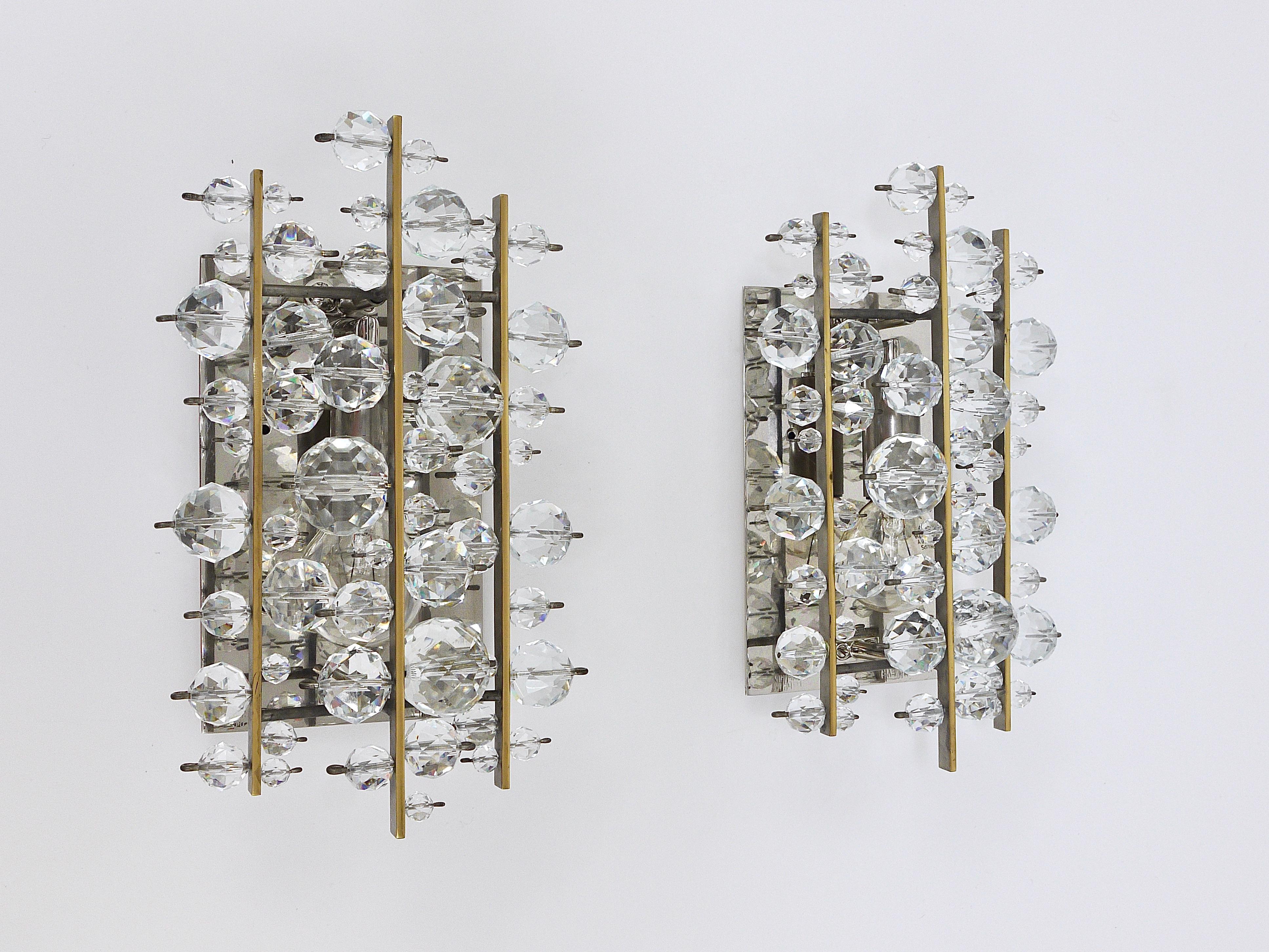 Faceted Lobmeyr Vienna Midcentury Finger Sconces Wall Lights Brass Nickel Crystal, 1960s