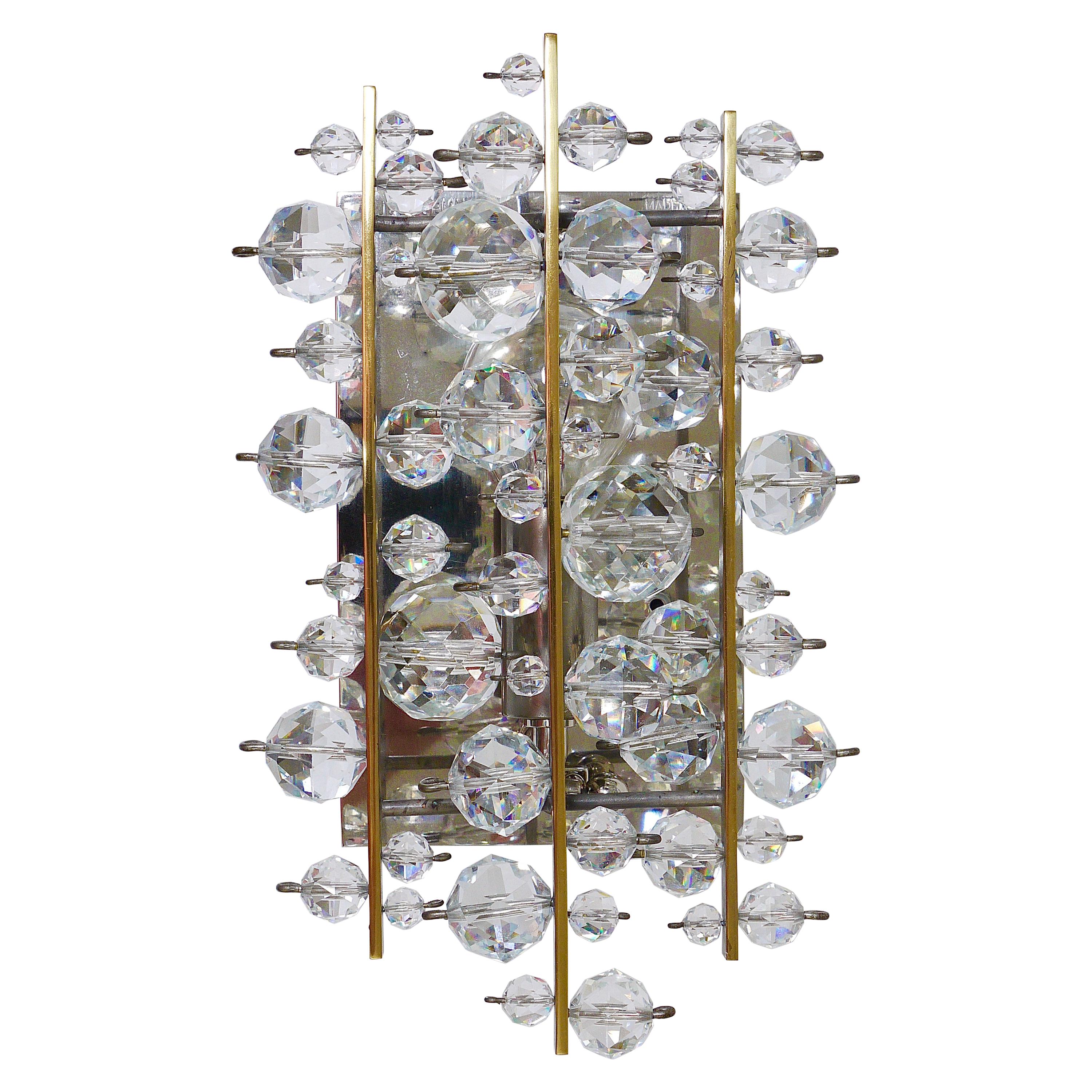 Lobmeyr Vienna Midcentury Finger Sconces Wall Lights Brass Nickel Crystal, 1960s