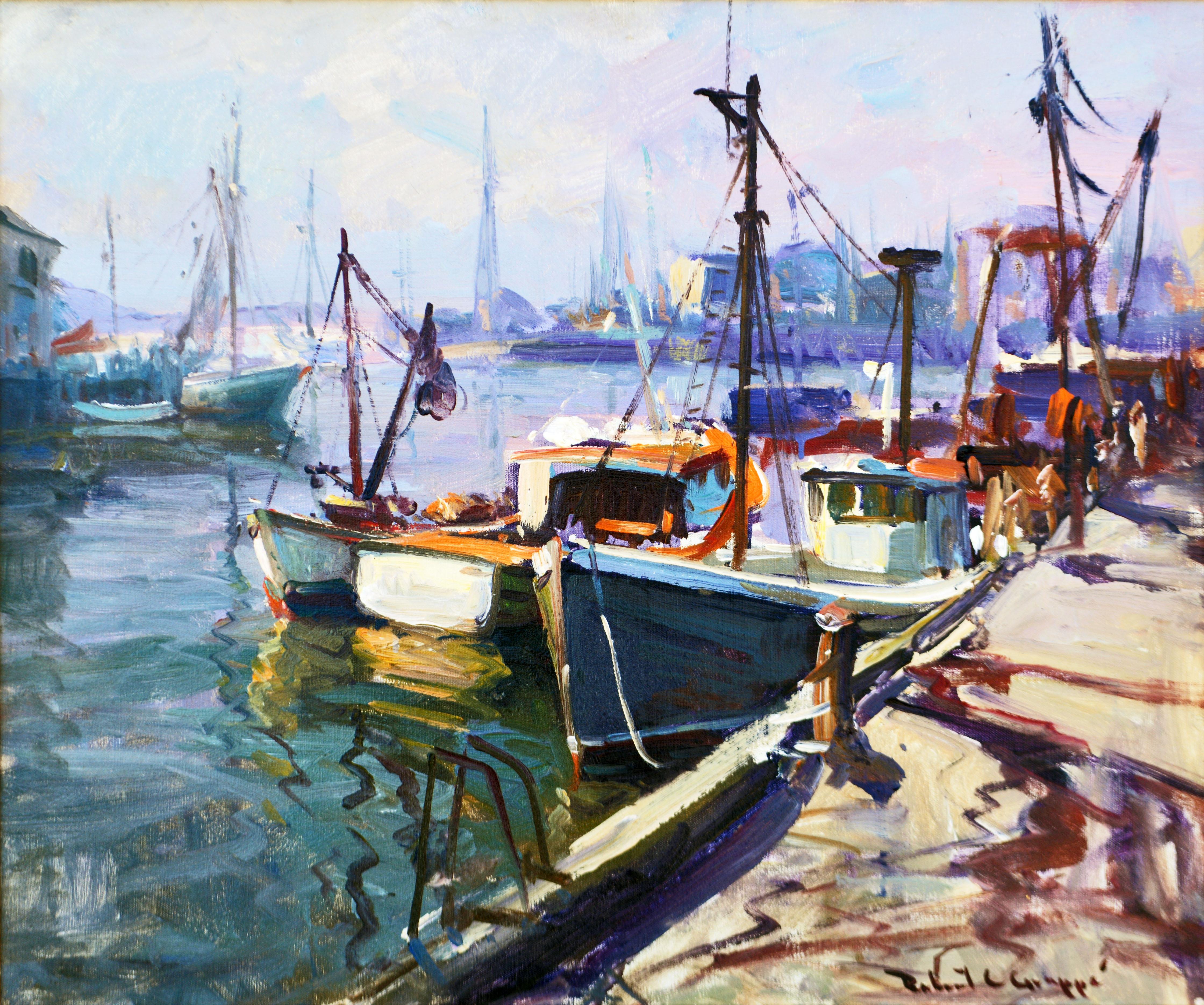 This bold impressionist style painting by renowned Cape Ann artist Robert C. Gruppe features a moment of light and color along the quayside of old Gloucester harbor where the lobster boats are traditionally docked. With vibrant color and vigorous