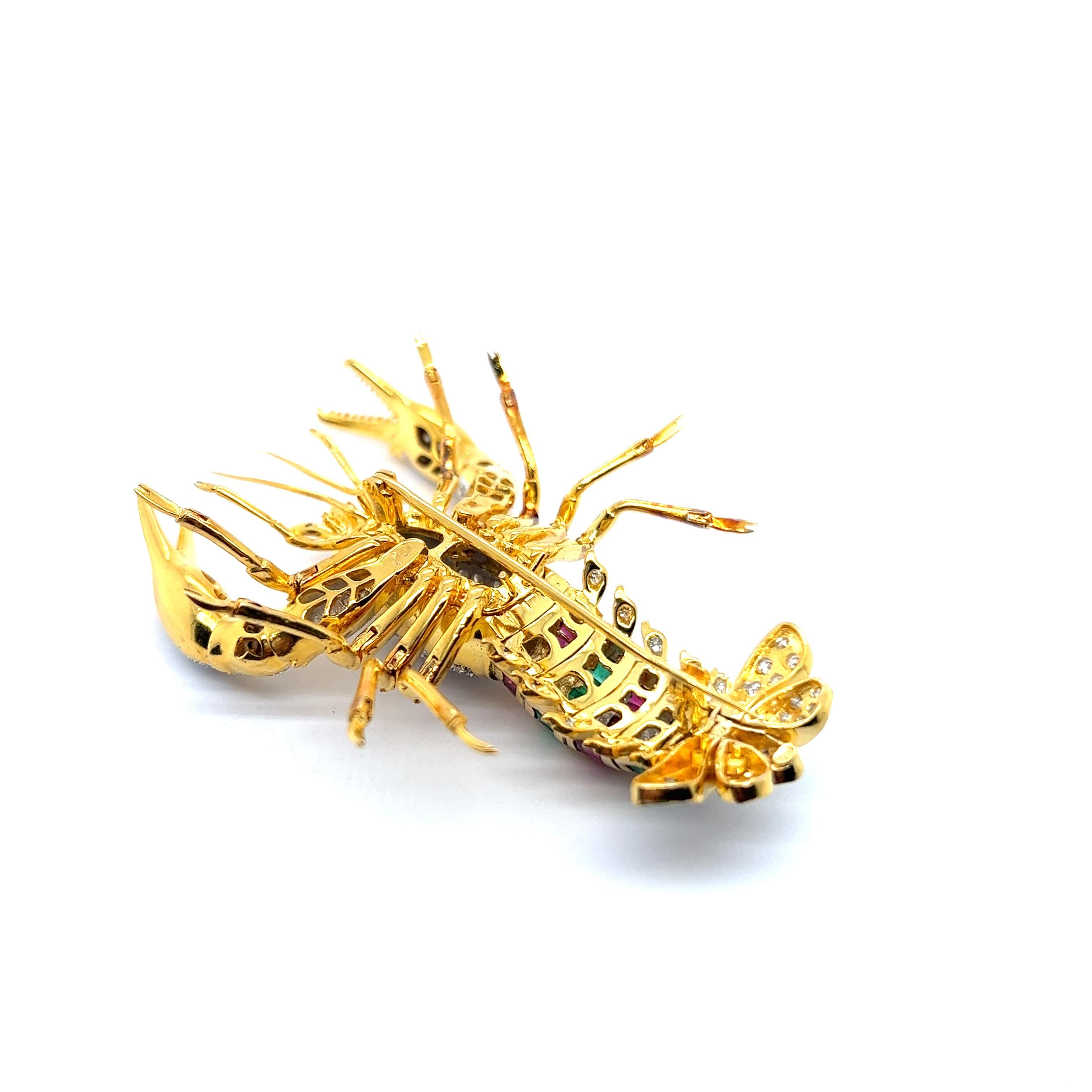 Lobster Brooch with Diamonds Rubies Emeralds & Sapphires in 18 Karat Yellow Gold For Sale 4