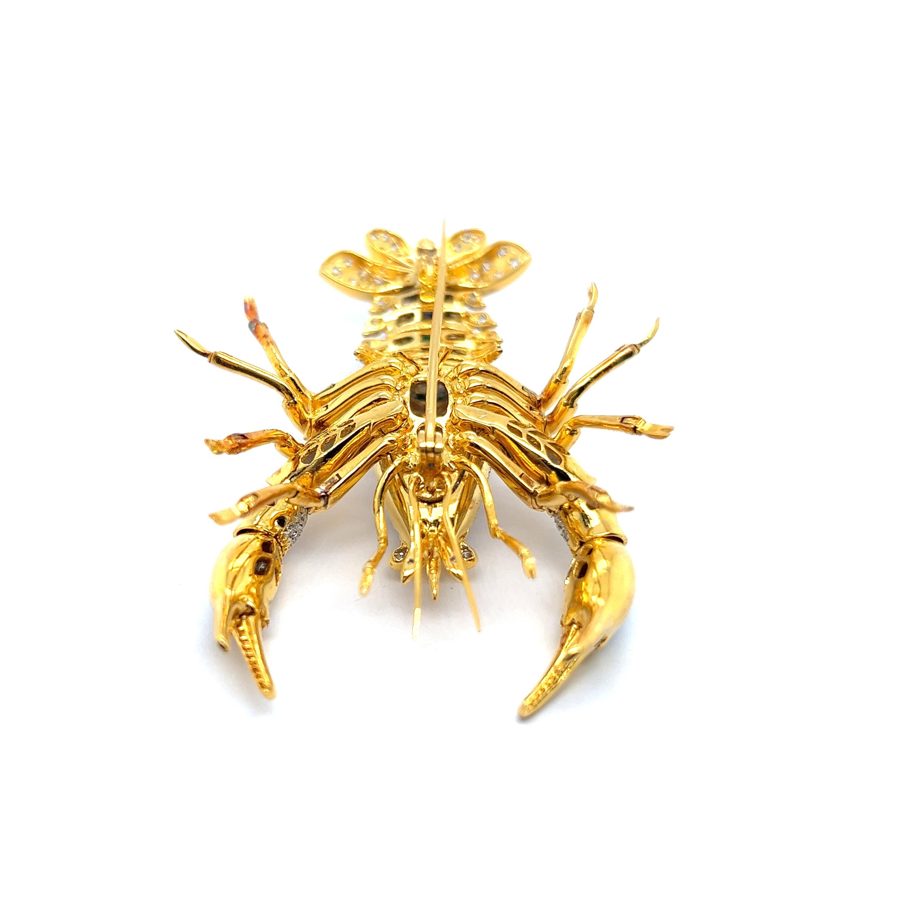Lobster Brooch with Diamonds Rubies Emeralds & Sapphires in 18 Karat Yellow Gold For Sale 6