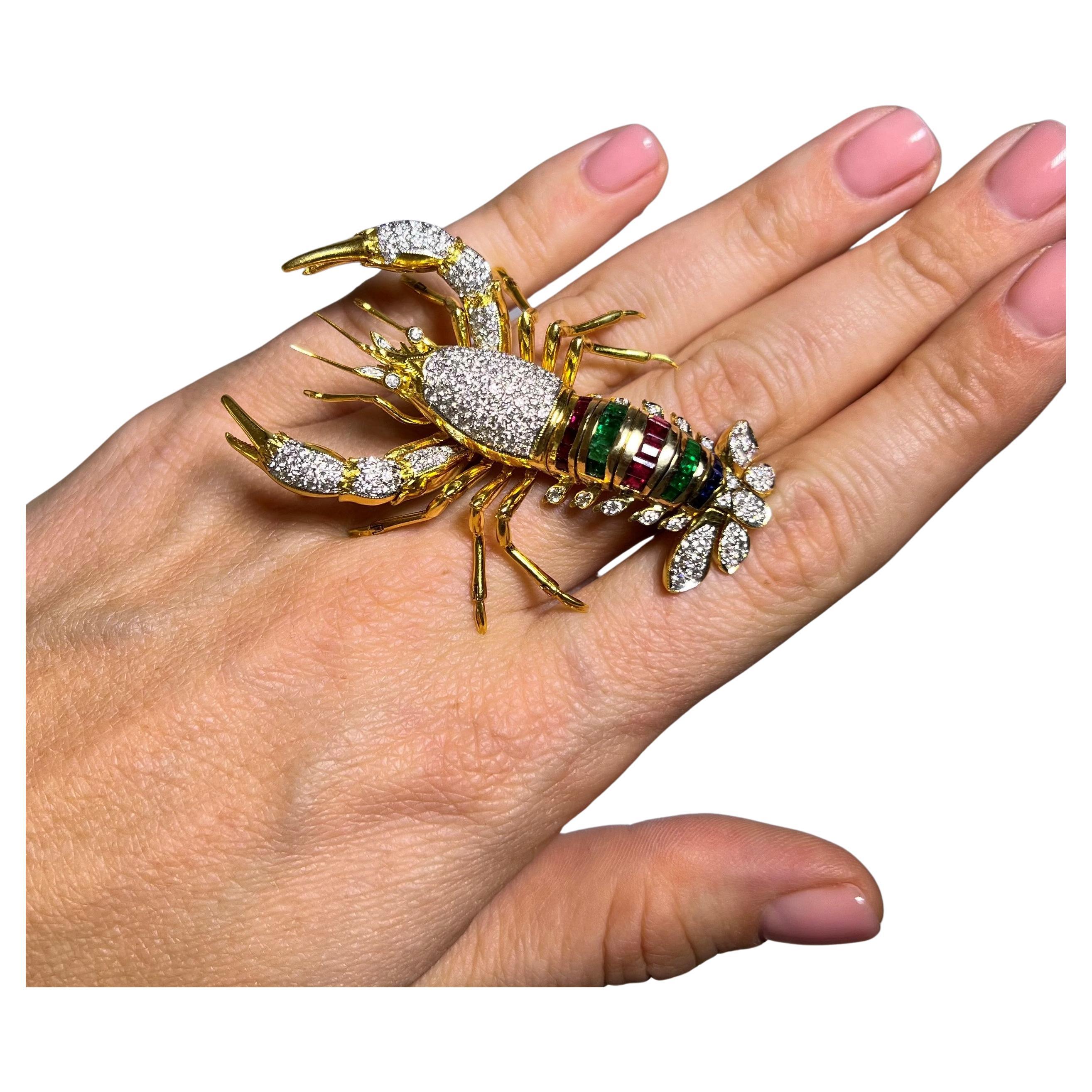 Lobster Brooch with Diamonds Rubies Emeralds & Sapphires in 18 Karat Yellow Gold For Sale 7