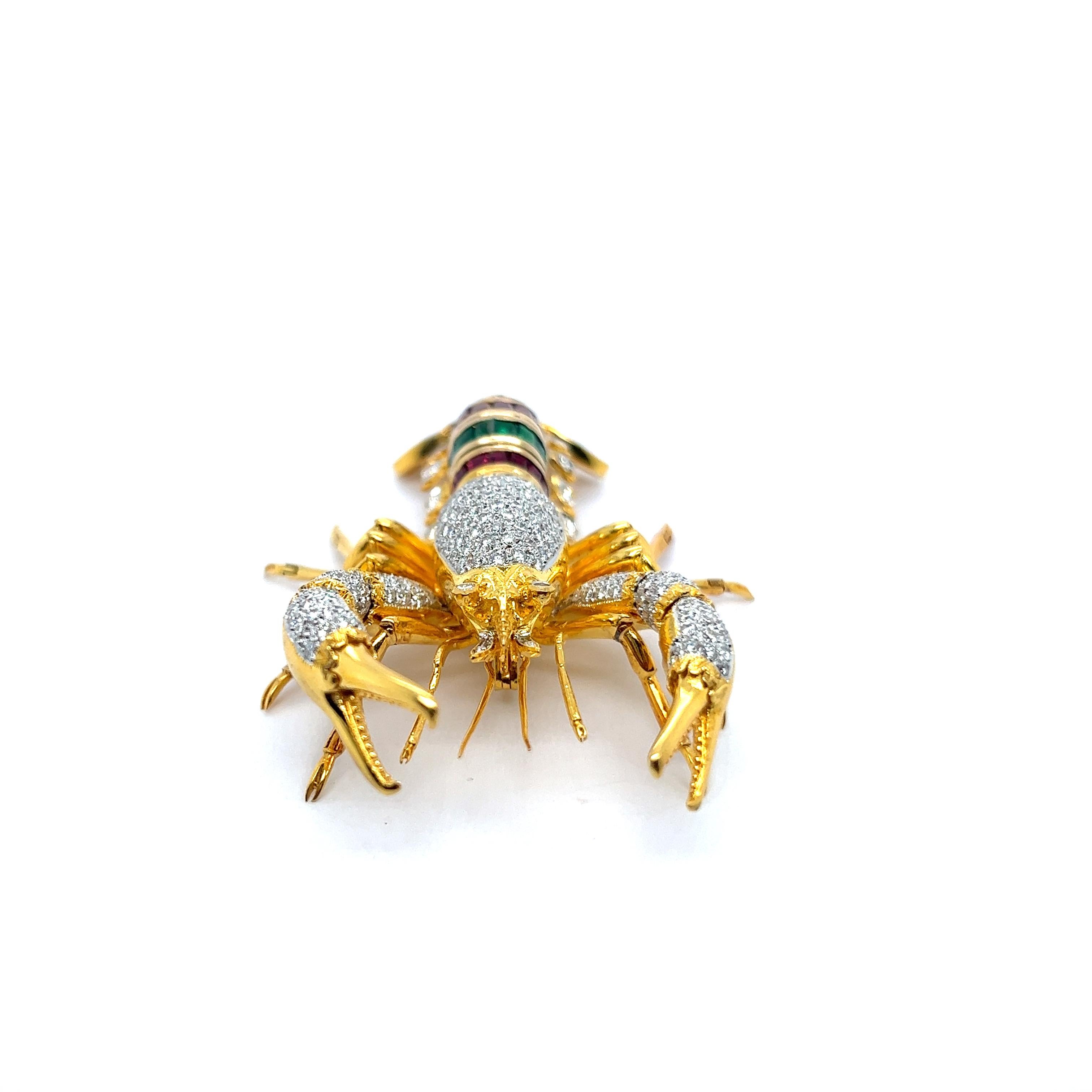 Modern Lobster Brooch with Diamonds Rubies Emeralds & Sapphires in 18 Karat Yellow Gold For Sale