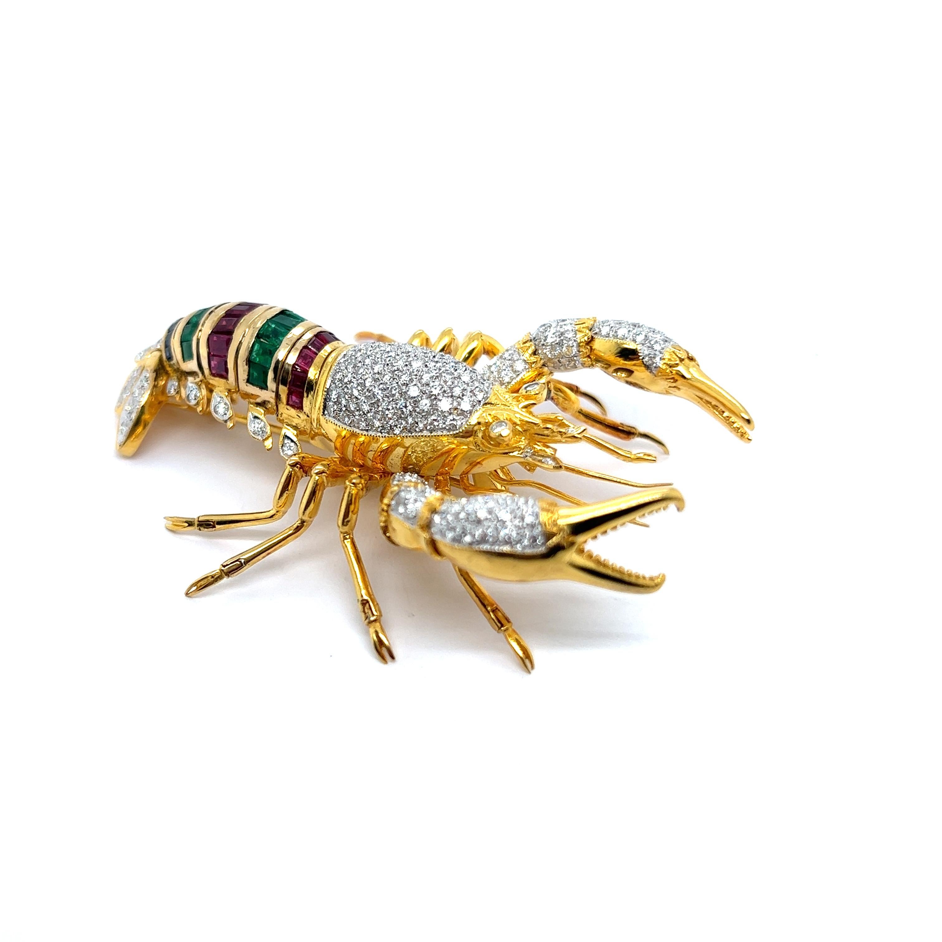 Mixed Cut Lobster Brooch with Diamonds Rubies Emeralds & Sapphires in 18 Karat Yellow Gold For Sale