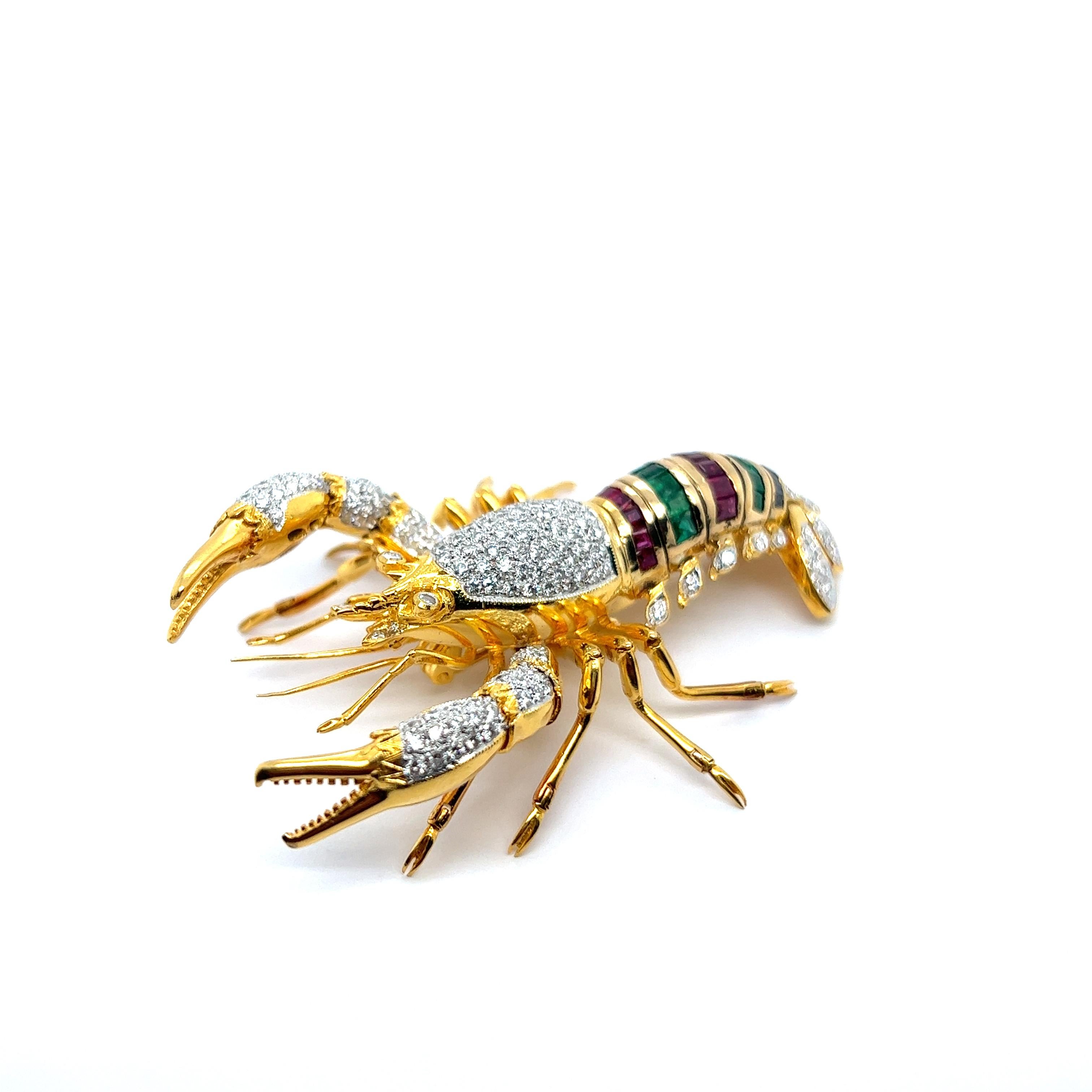 Mixed Cut Lobster Brooch with Diamonds Rubies Emeralds & Sapphires in 18 Karat Yellow Gold