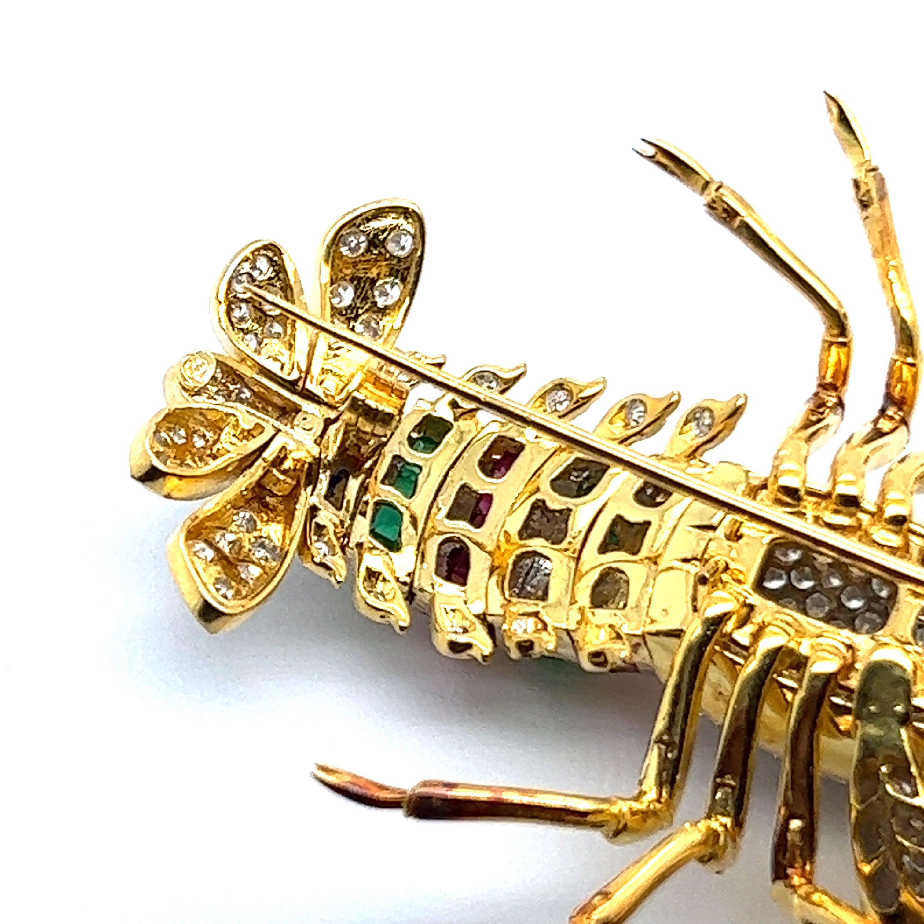 Women's or Men's Lobster Brooch with Diamonds Rubies Emeralds & Sapphires in 18 Karat Yellow Gold For Sale
