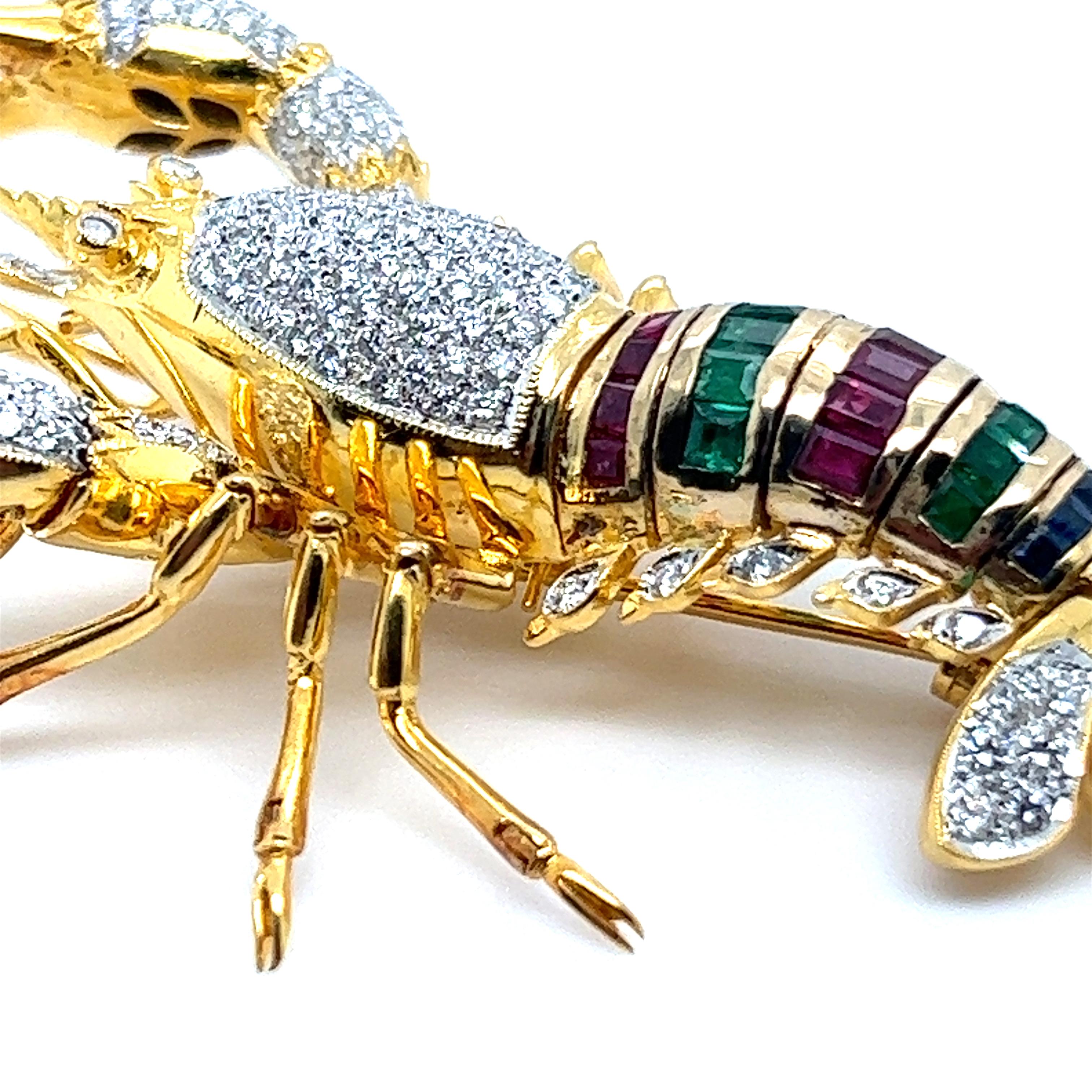 Women's or Men's Lobster Brooch with Diamonds Rubies Emeralds & Sapphires in 18 Karat Yellow Gold
