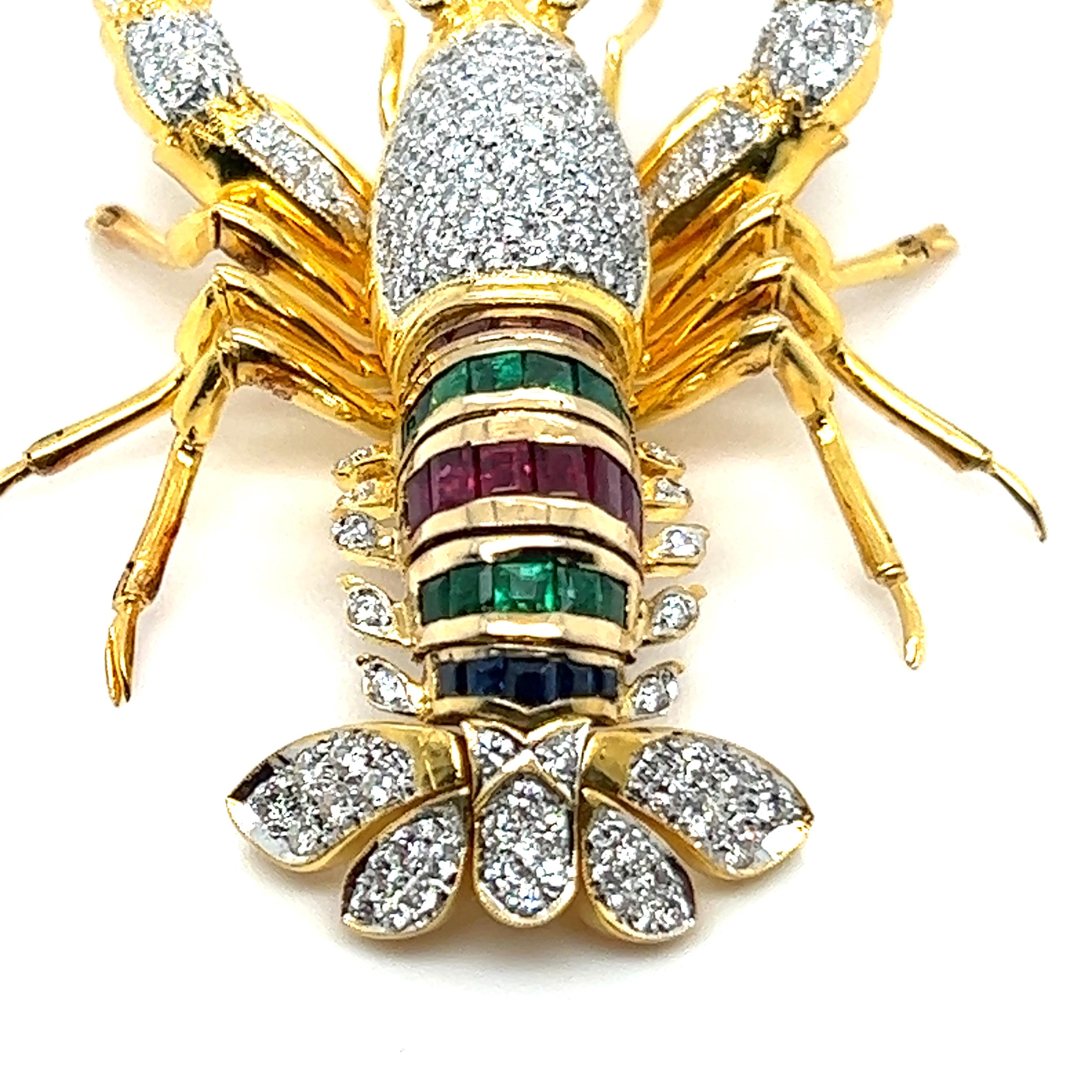 Lobster Brooch with Diamonds Rubies Emeralds & Sapphires in 18 Karat Yellow Gold 1