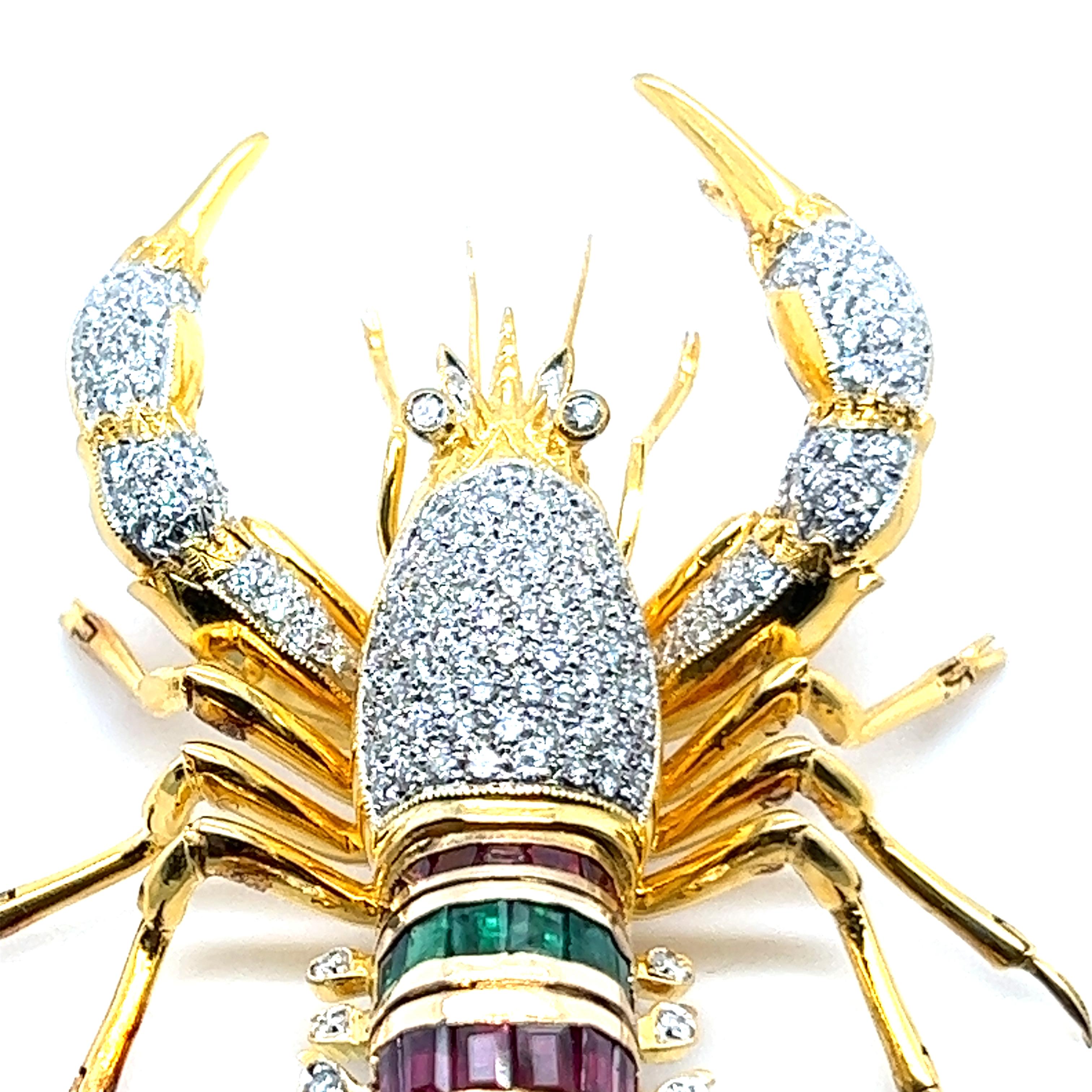 Lobster Brooch with Diamonds Rubies Emeralds & Sapphires in 18 Karat Yellow Gold For Sale 3
