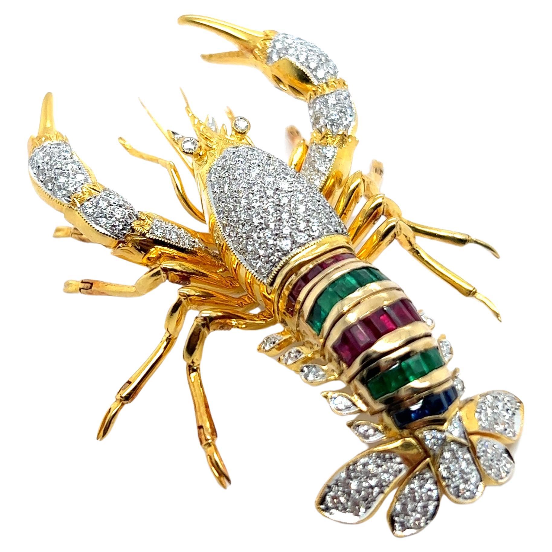 Lobster Brooch with Diamonds Rubies Emeralds & Sapphires in 18 Karat Yellow Gold For Sale