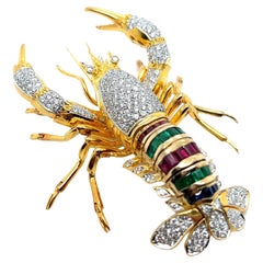 Vintage Lobster Brooch with Diamonds Rubies Emeralds & Sapphires in 18 Karat Yellow Gold