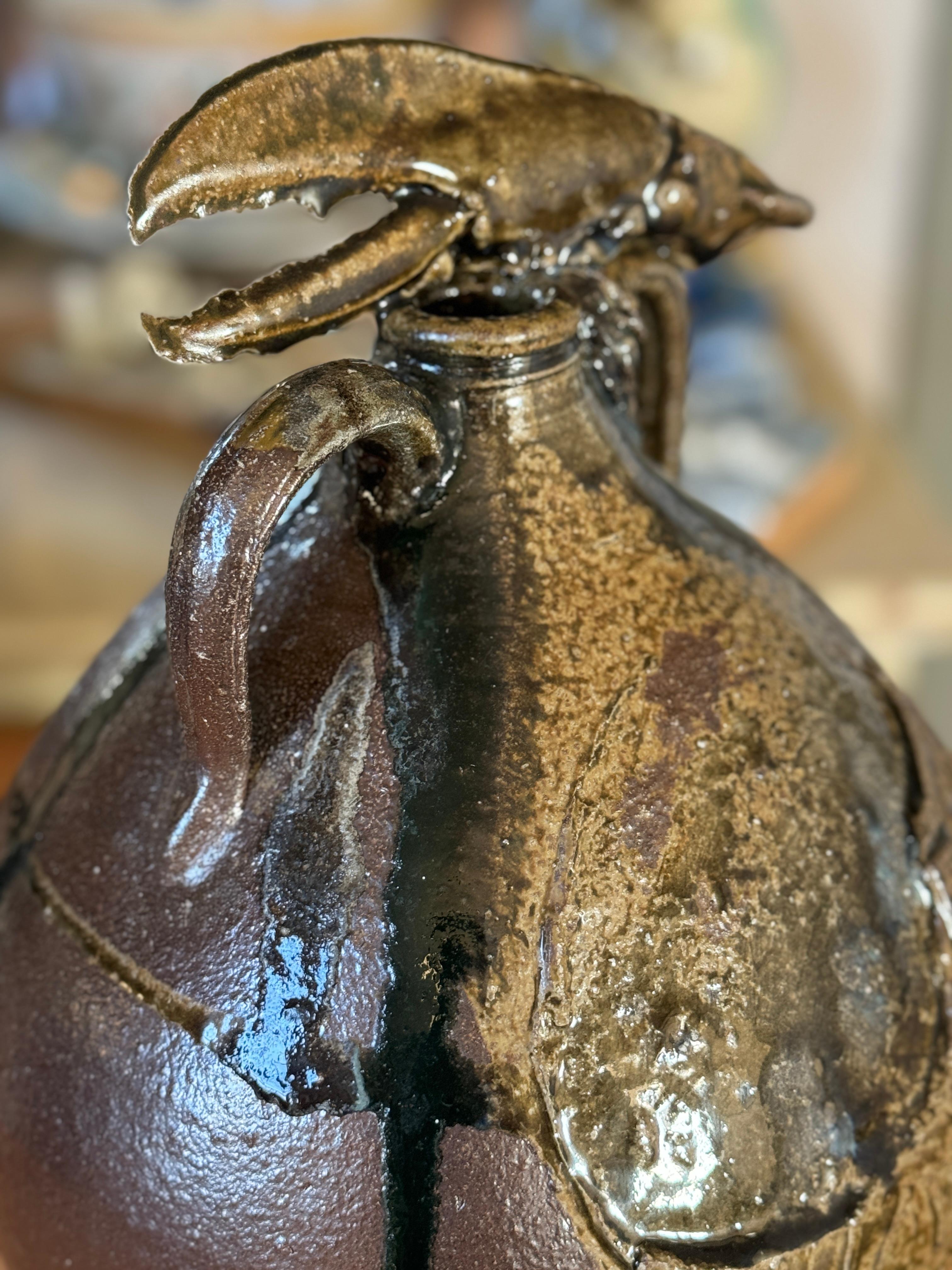 American Ceramic Artist Michelle Erickson Lobster Jug wood fired stoneware For Sale