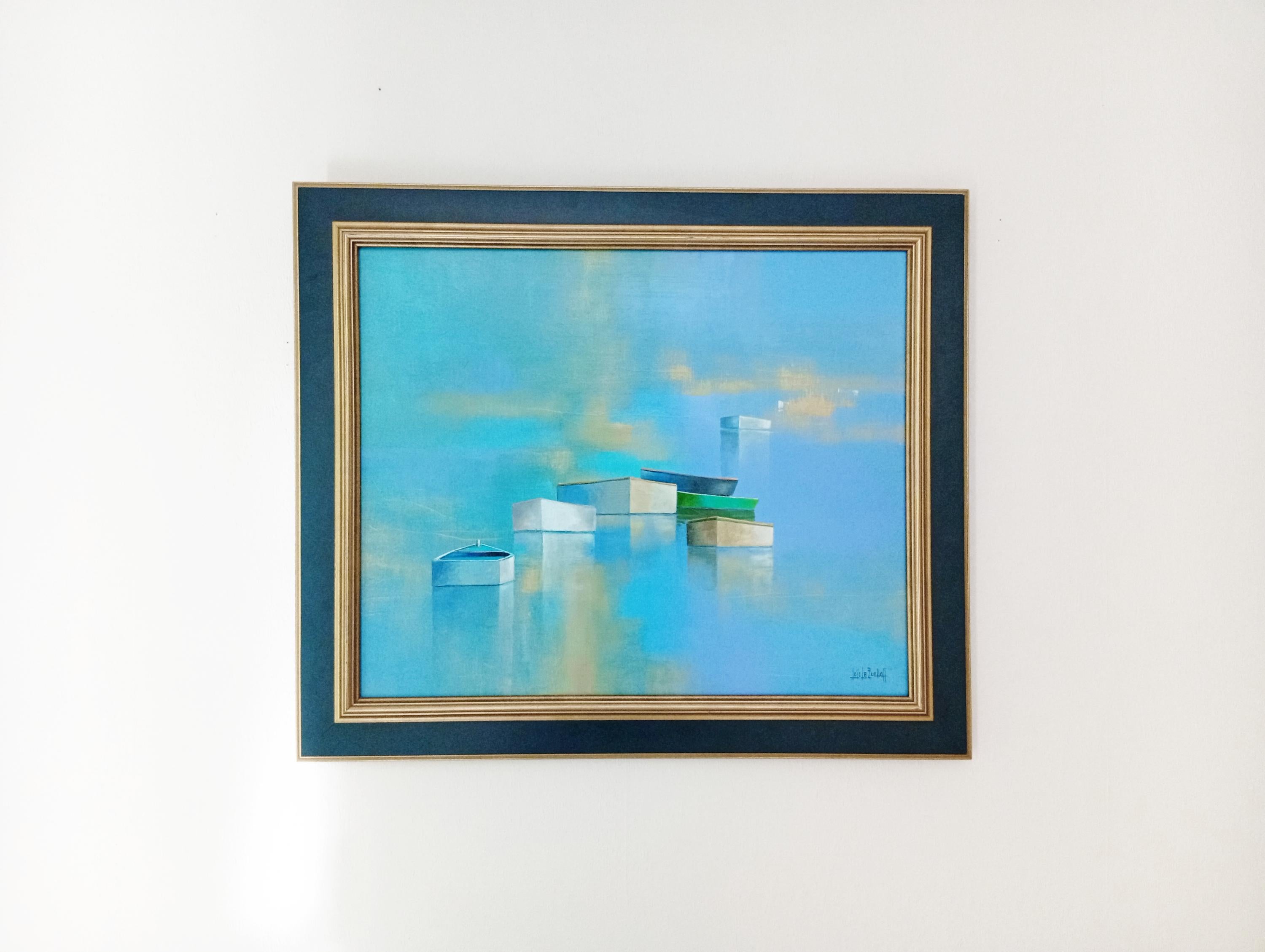This original painting by Loïc Le Guellaff, created in 1997, portrays a series of still boats floating on a calm sea with luminous reflections. Using a palette dominated by soothing shades of blue, the artist conveys an atmosphere of serenity and