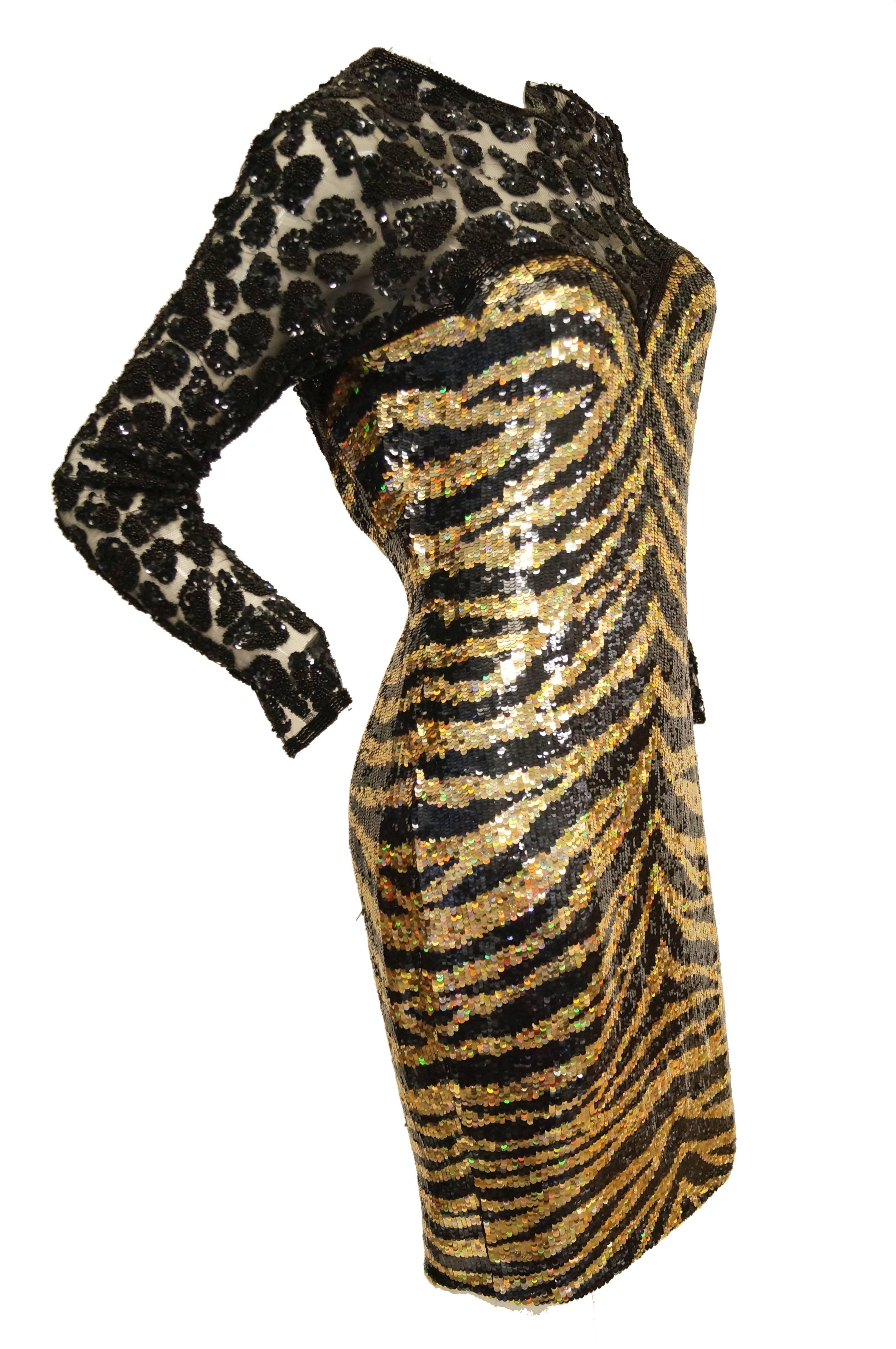 Naeem Khan Black and Gold Tiger and Cheetah Sequin Silk Dress, 1980s  5