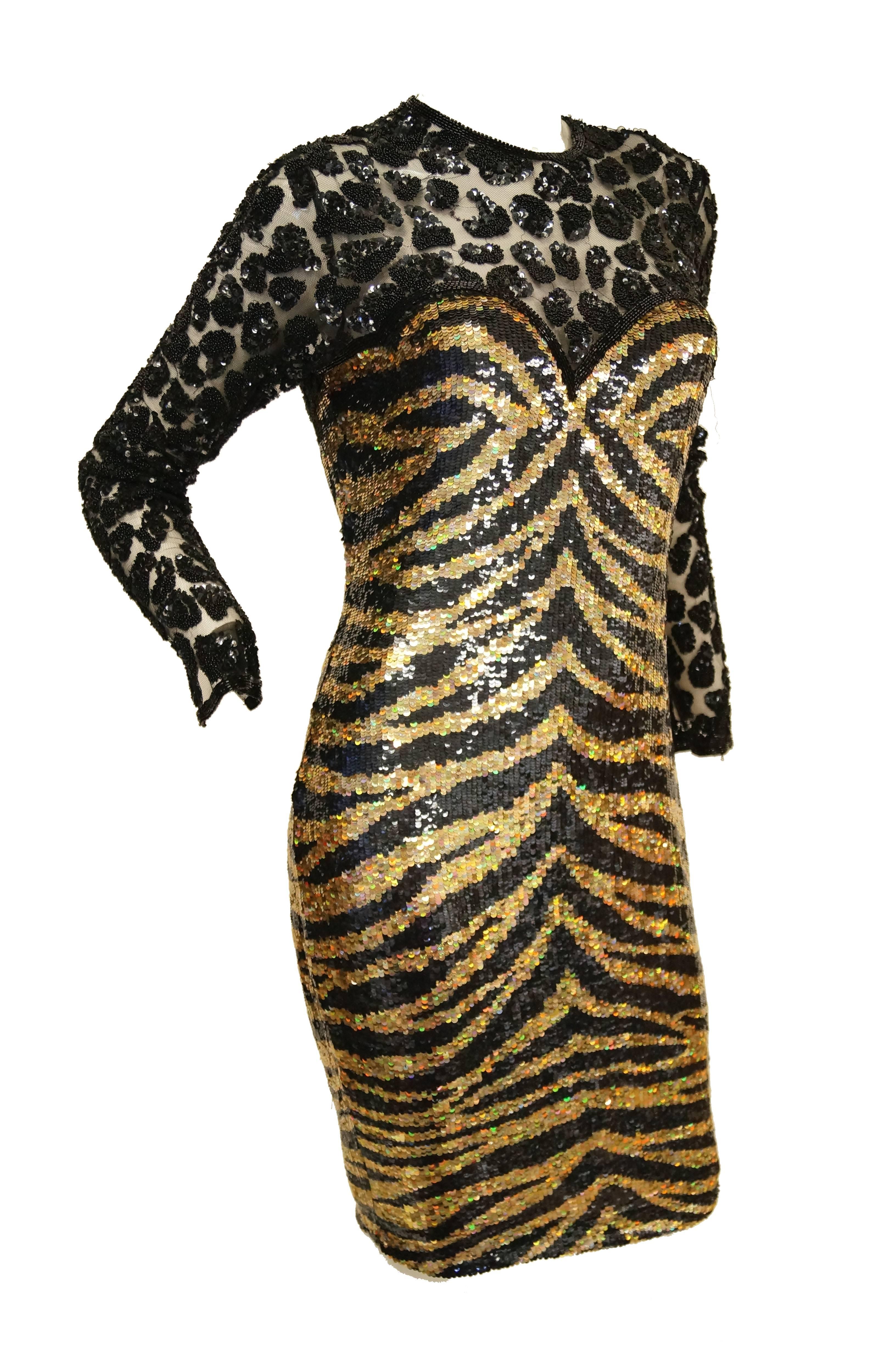 Naeem Khan Black and Gold Tiger and Cheetah Sequin Silk Dress, 1980s  6
